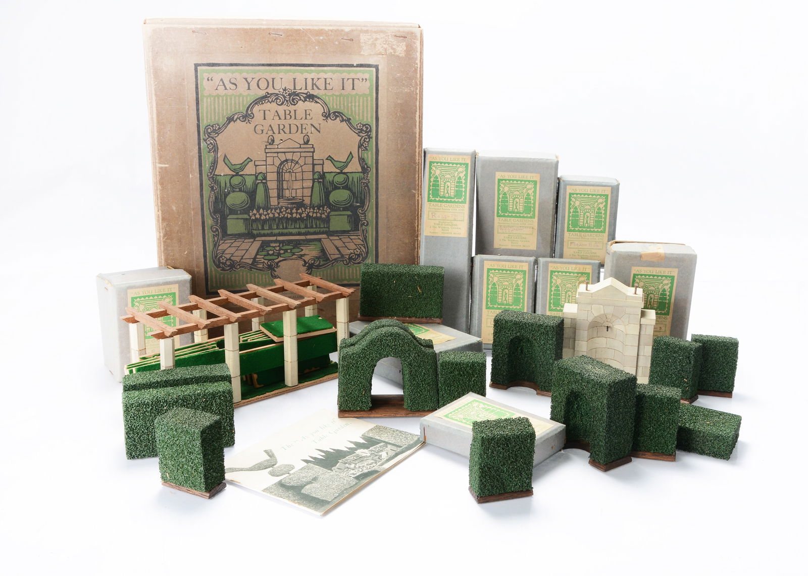 A 1920s-30s ‘As you like it’ Table Garden made by Kenneth Broad, 2 The Waldrons,: A 1920s-30s ‘As you like it’ Table Garden made by Kenneth Broad, 2 The Waldrons, Croydon, Surrey, with wood and foam rubber pieces, smaller parts in original boxes, contained in a larger o