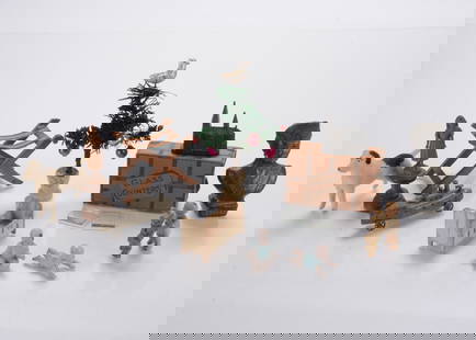 Dolls’ house nursery and other items,: Dolls’ house nursery and other items, a goose feather Christmas tree with turned wooden base and silver card bird —4 ¼in. (11cm.) high, a French Penny Toy battleship on wheels, a lead