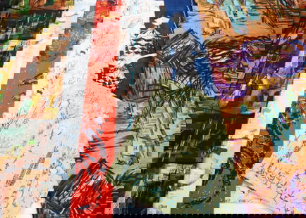 Mid century design curtains and material,: Mid century design curtains and material, two pairs of 1960s curtains, two pieces of David Whitehead material by Donald Hamilton-Fraser, two pieces of Byzantine Horses fabric by Bernard Wardle; two ot