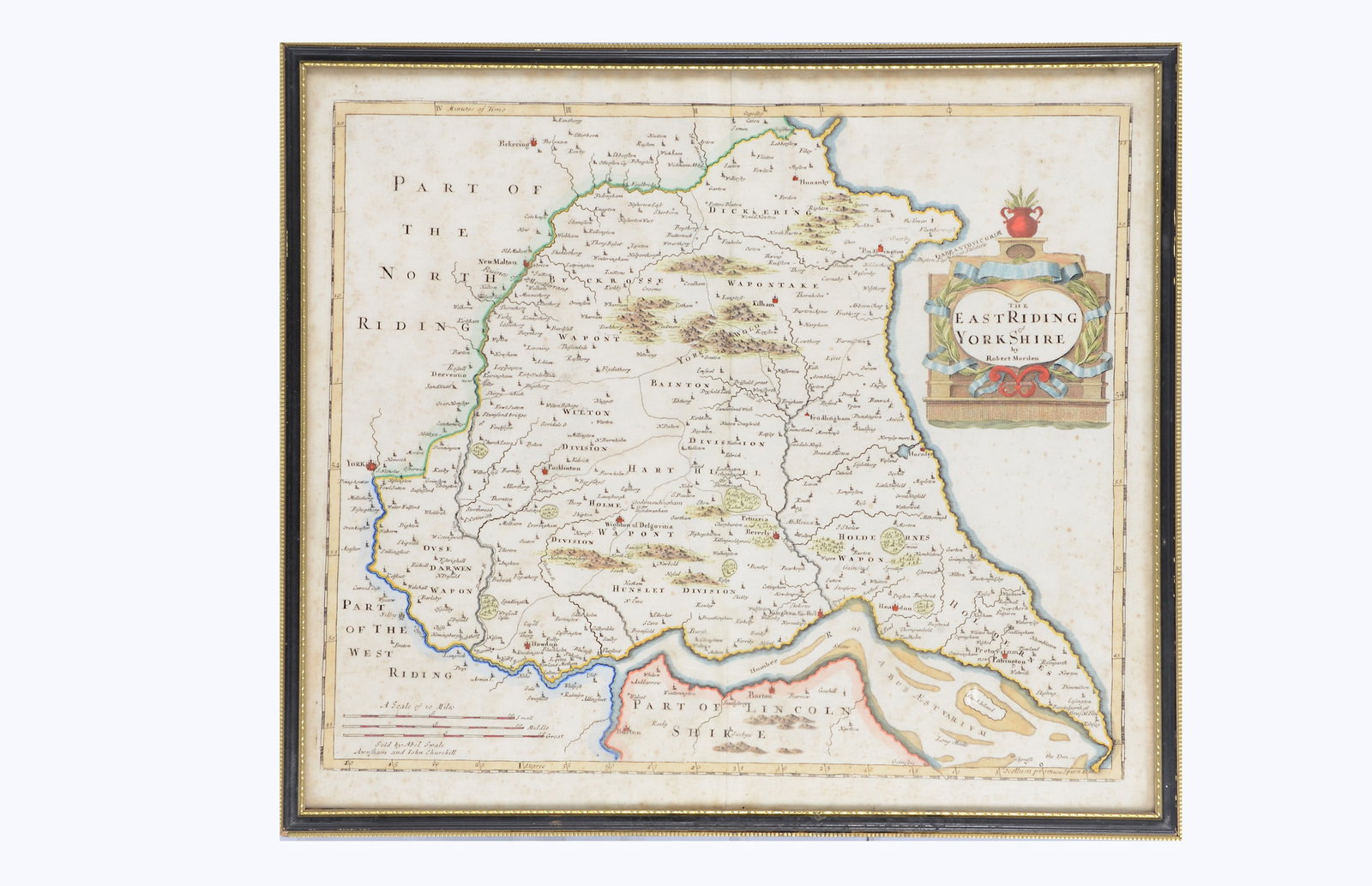 A late 17th century Robert Morden map of The East Riding of Yorkshire,: A late 17th century Robert Morden map of The East Riding of Yorkshire, hand coloured and framed —18 1/2in. (47cm.) wide x 16 1/2in. (42cm.) high