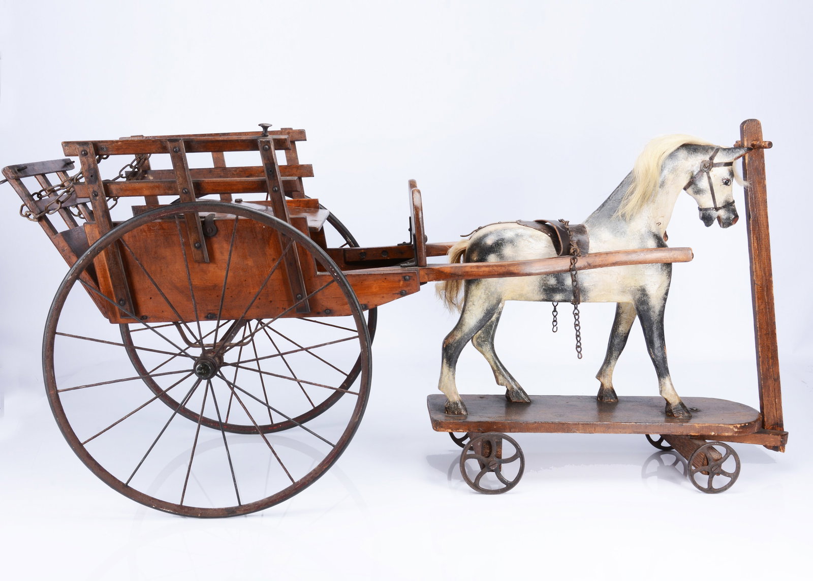 A large G & J Line wooden ride on horse and hay cart, (1 of 3)