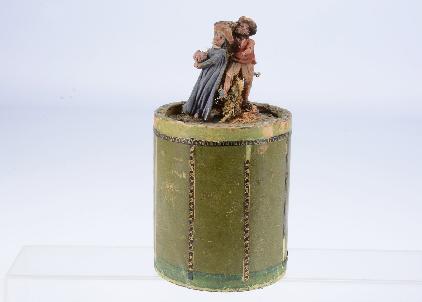 A mid 19th century German carved wooden pastoral scene of a courting couple jack in the box, (1 of 4)