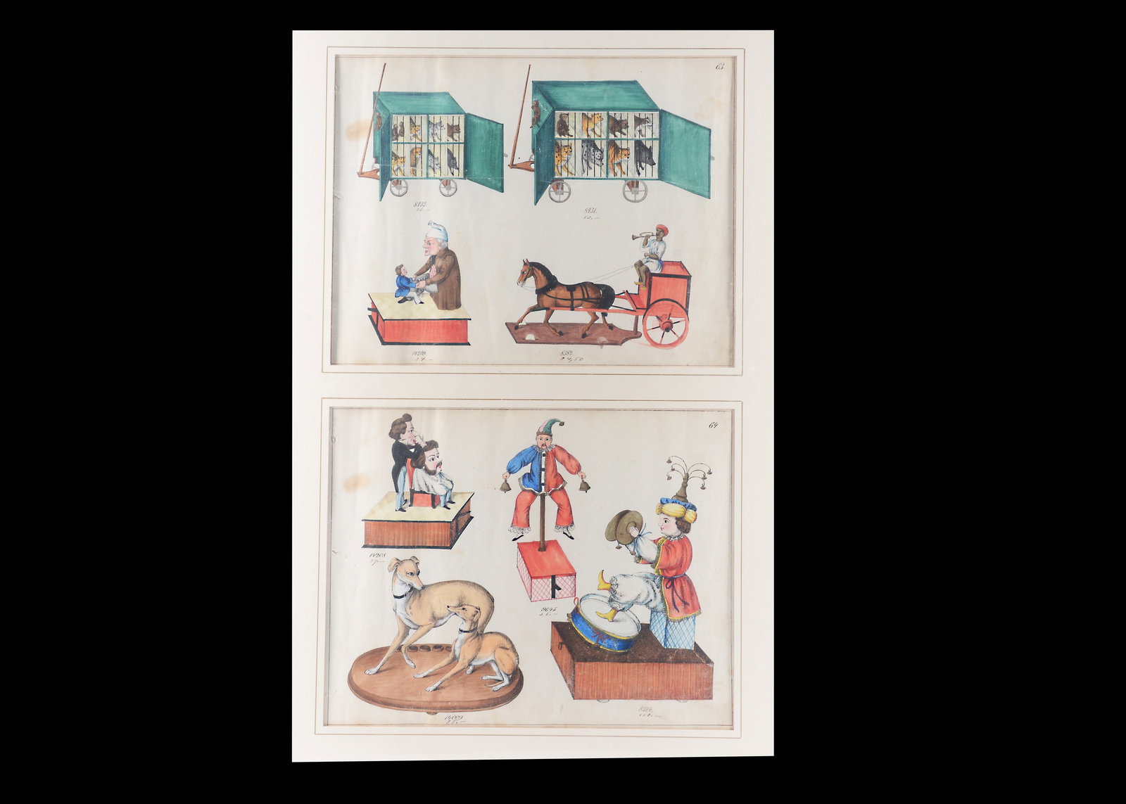 Two original mid 19th century Thüringen sample book pages,: Two original mid 19th century Thüringen sample book pages, hand-coloured page numbers 63 and 64 featuring pull-along menageries and lever action hairdressers —12in. (30.5cm.) x 9in. (23cm.)