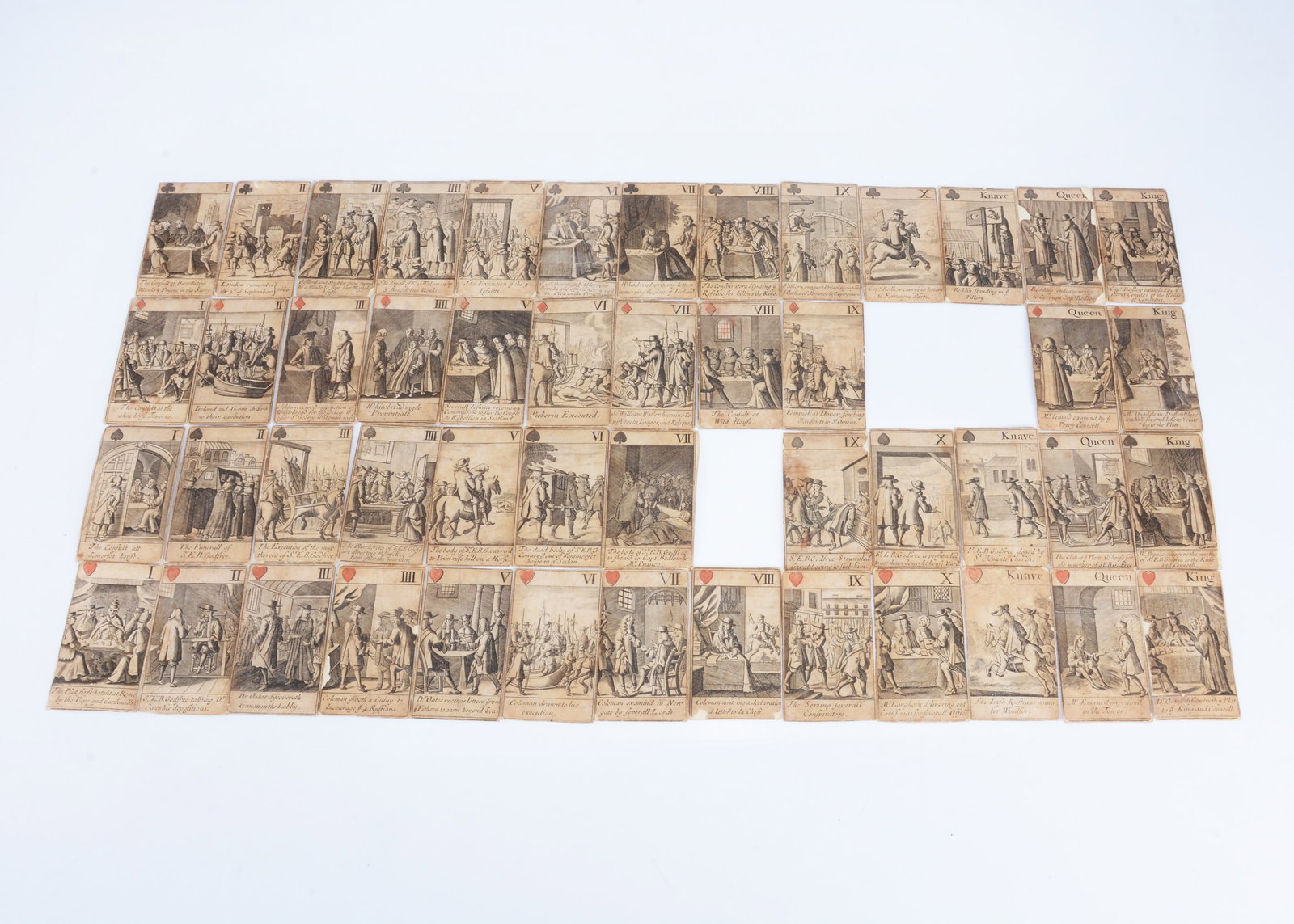 A rare near complete pack of Horrid Popish Plot playing cards, 1678 to 1701, (1 of 7)