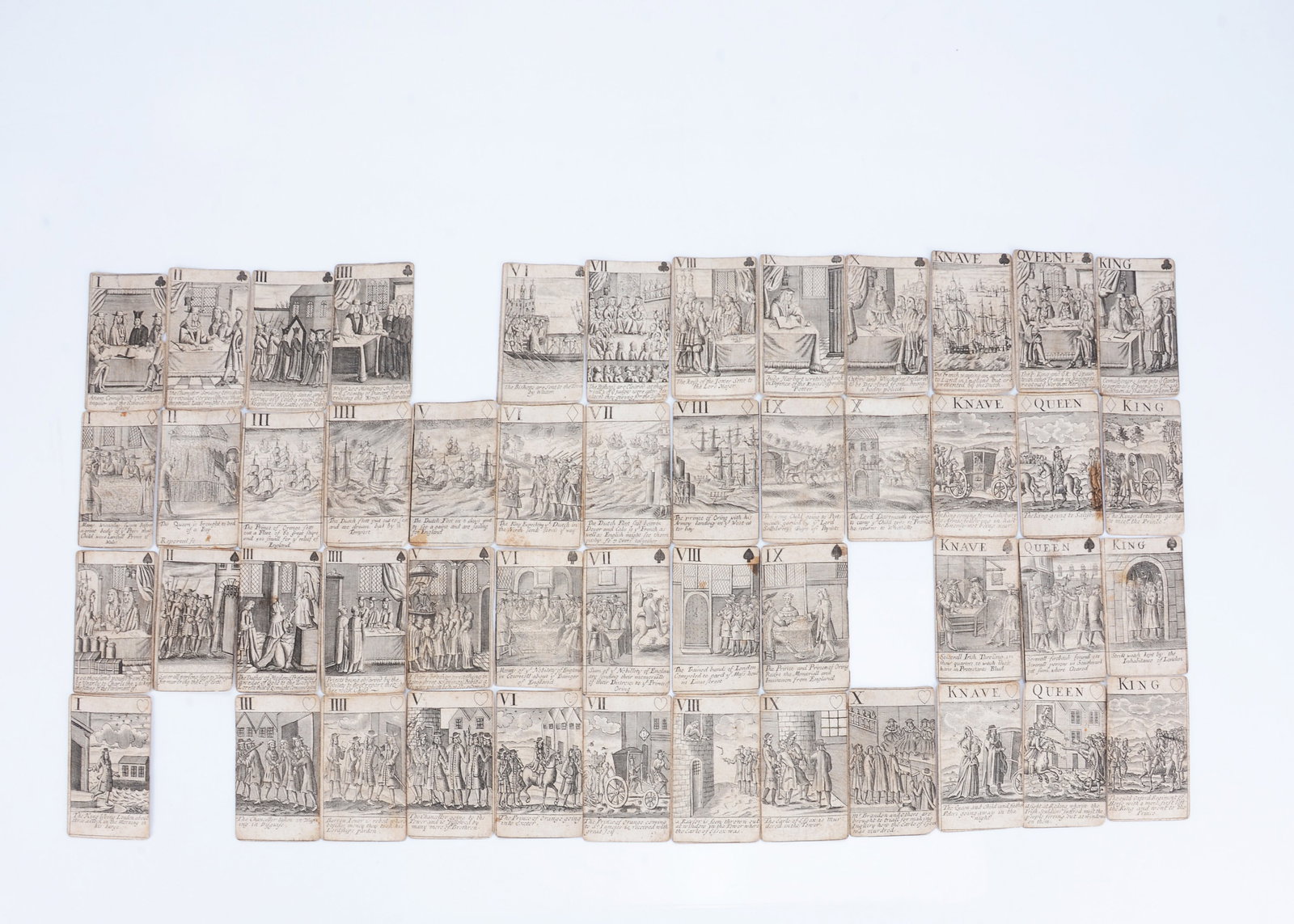A rare near complete pack of Reign of James II playing cards, London, 1688-1689, (1 of 9)