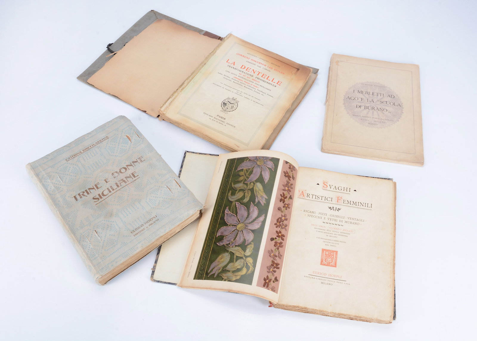 Italian and French lace books,: Italian and French lace books, Svaghi Artistici Femminili - Ricami Pizzi Gioielli Ventagli Specchi e Verti di Murano by Alfredo Melani, published Ulrico Hoepli, Milano —11 1/4in. (28.5cm.) high 
