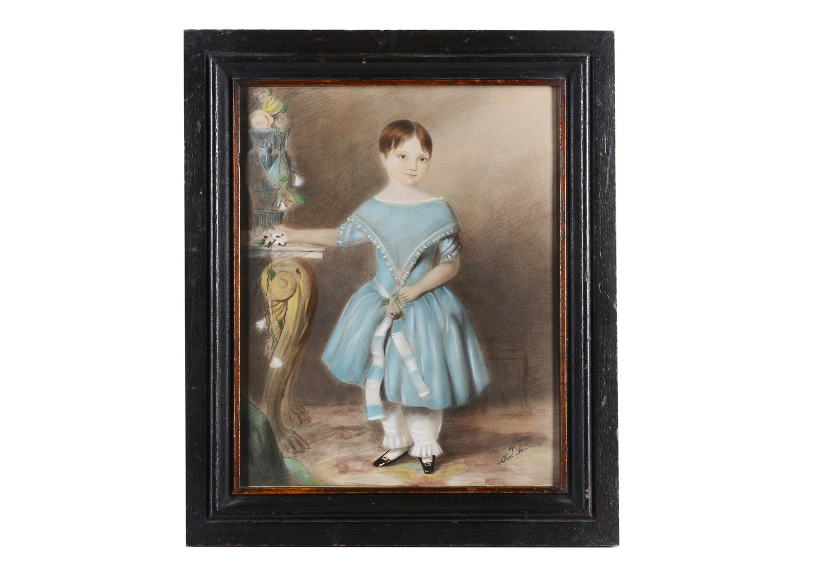 A 19th century pencil and watercolour portrait of a girl dress in blue, (1 of 1)