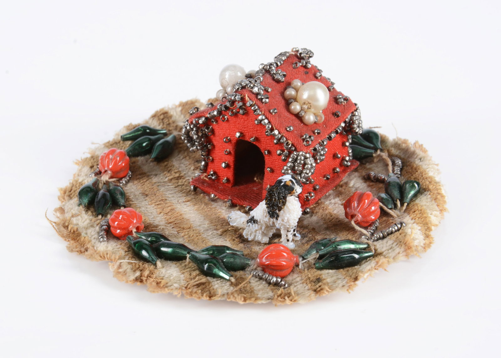 An unusual 19th century sewing trifle with Nevers glass spaniel, (1 of 1)