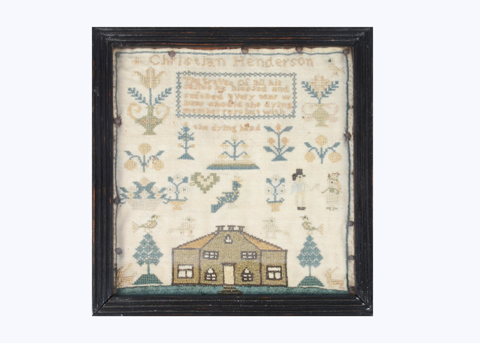 A small 19th century sampler by Christian Henderson,: A small 19th century sampler by Christian Henderson, with house, birds, flowers and trees, a man handing a woman a flower, ‘Christian Henderson’ across the top and a sentimental poem, nail
