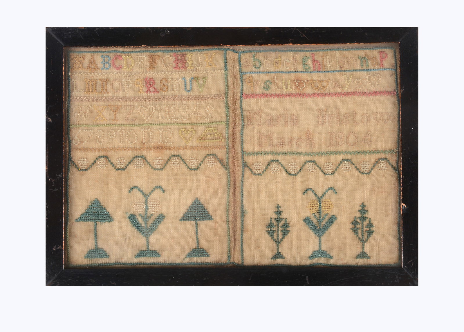 A miniature sampler by Maria Bristow, March 1804,: A miniature sampler by Maria Bristow, March 1804, formed of two pages with alphabet, letters and row of trees, framed —6 1/2in. (16.5cm.) wide