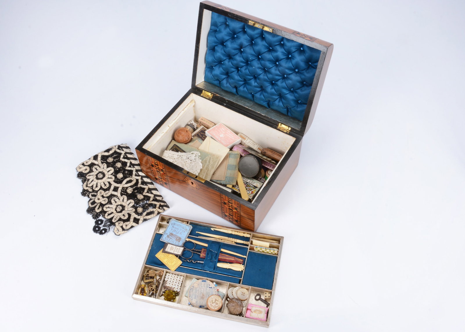 A Tunbridge ware wooden sewing box, (1 of 2)