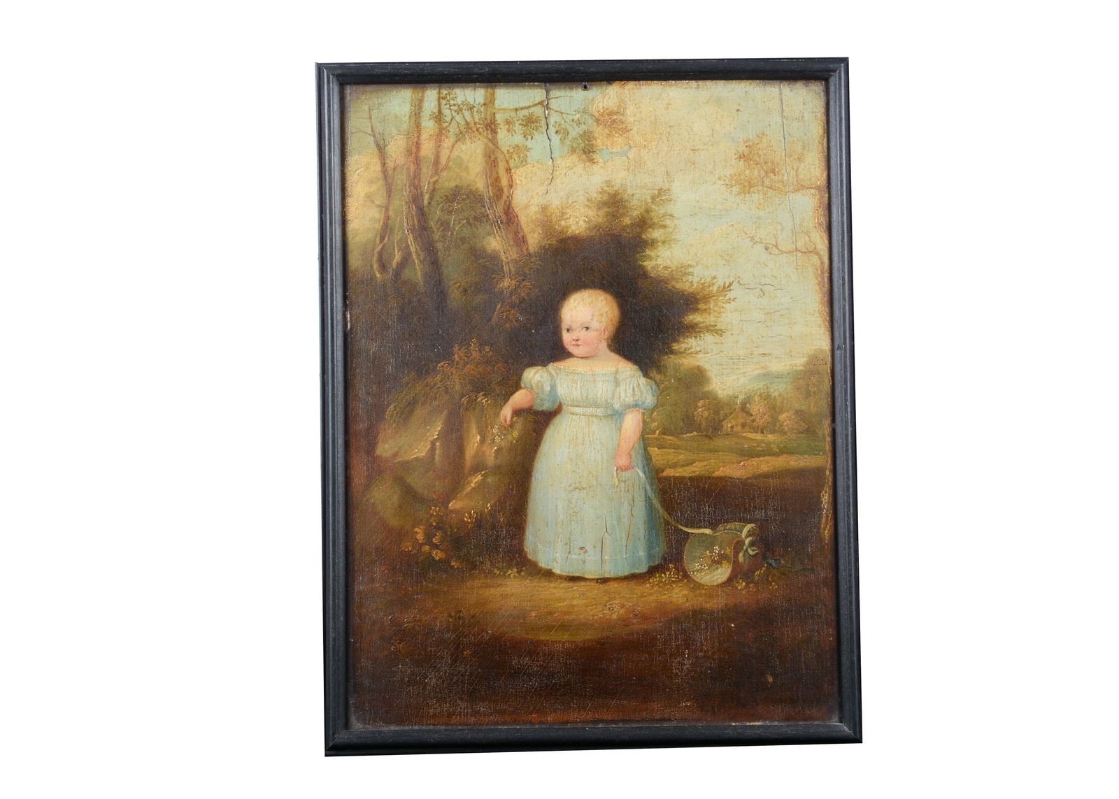 An early 19th century English oil on board of a small girl holding a bonnet, (1 of 1)
