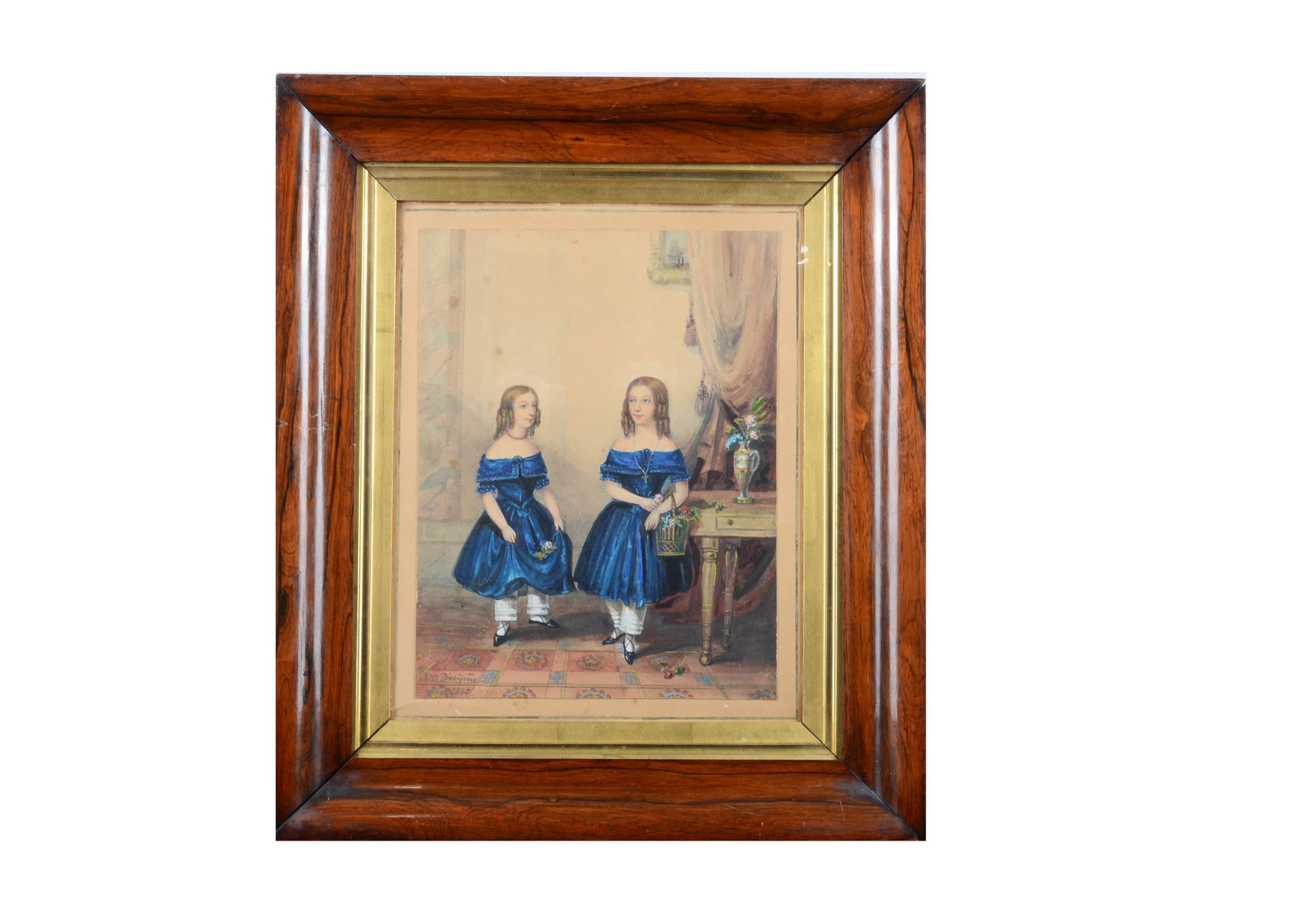 A mid 19th century watercolour of two sisters by William C. Dubisson, 1845,: A mid 19th century watercolour of two sisters by William C. Dubisson, 1845, in deep blue dresses and pantaloons, with brown ringleted hair, one holding a basket of flowers, the other with flowers in h