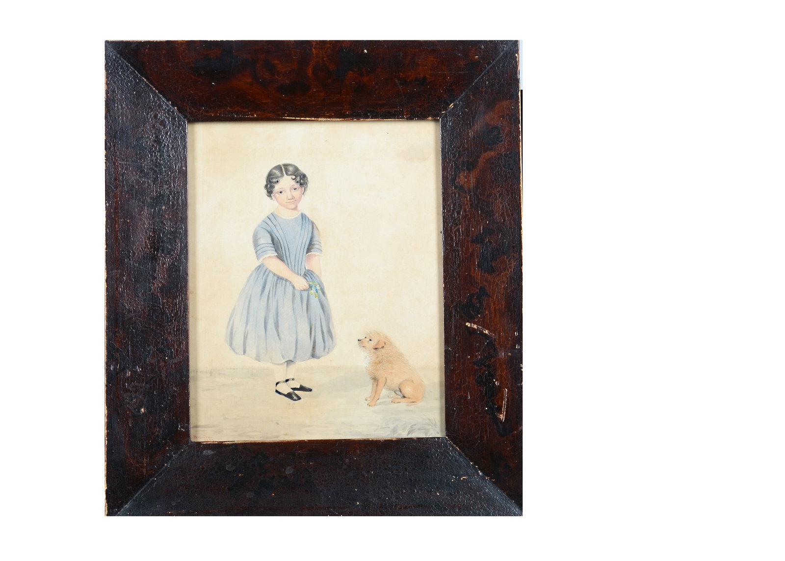 A mid 19th century watercolour of a girl and her dog,: A mid 19th century watercolour of a girl and her dog, indistinctly signed F. Hunter? 1854, wearing a blue dress, her centre parted hair in curls, holding a posy of flowers and a seated terrier besides