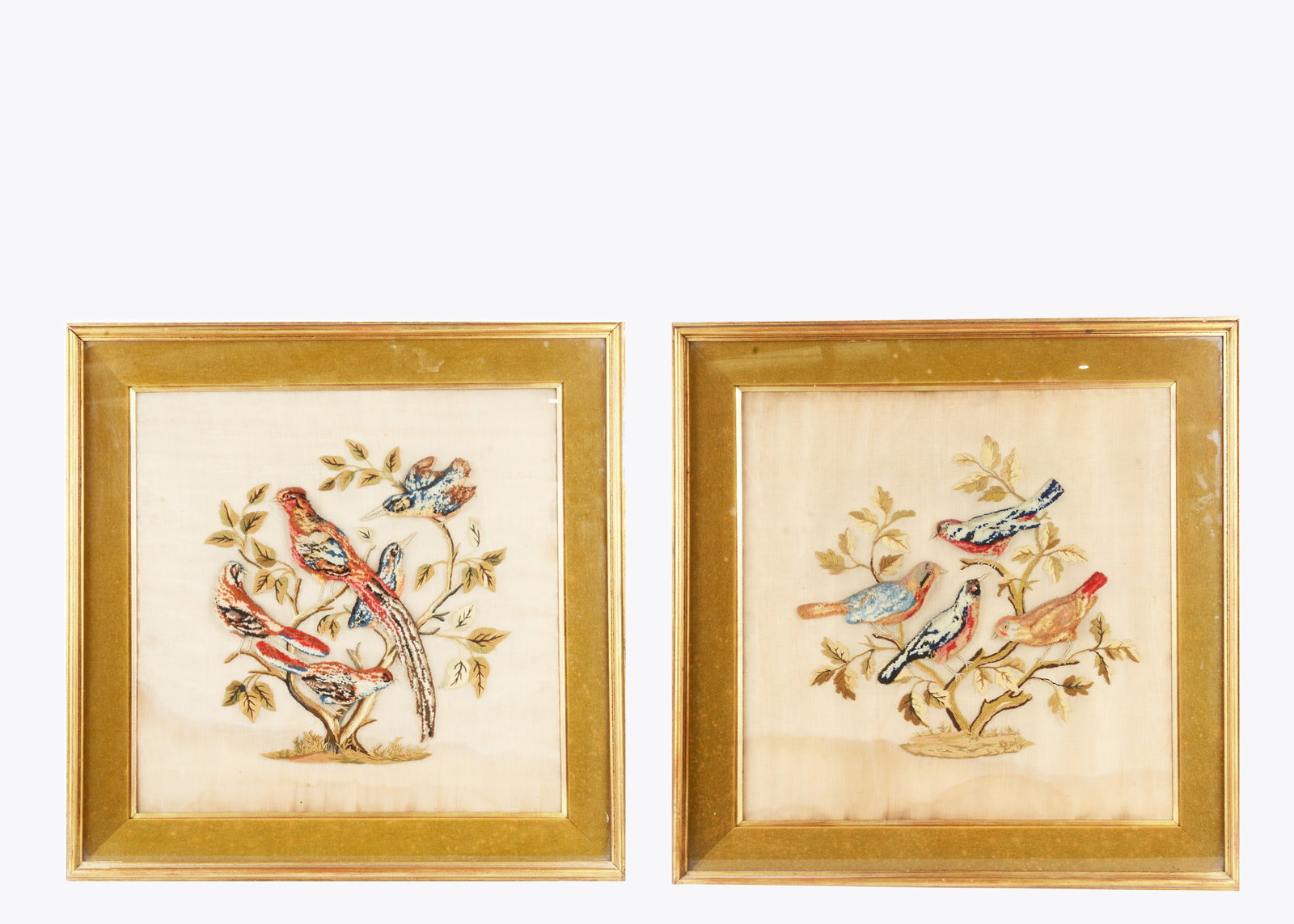 A pair of 19th century wool pom-pom style birds on trees, (1 of 1)