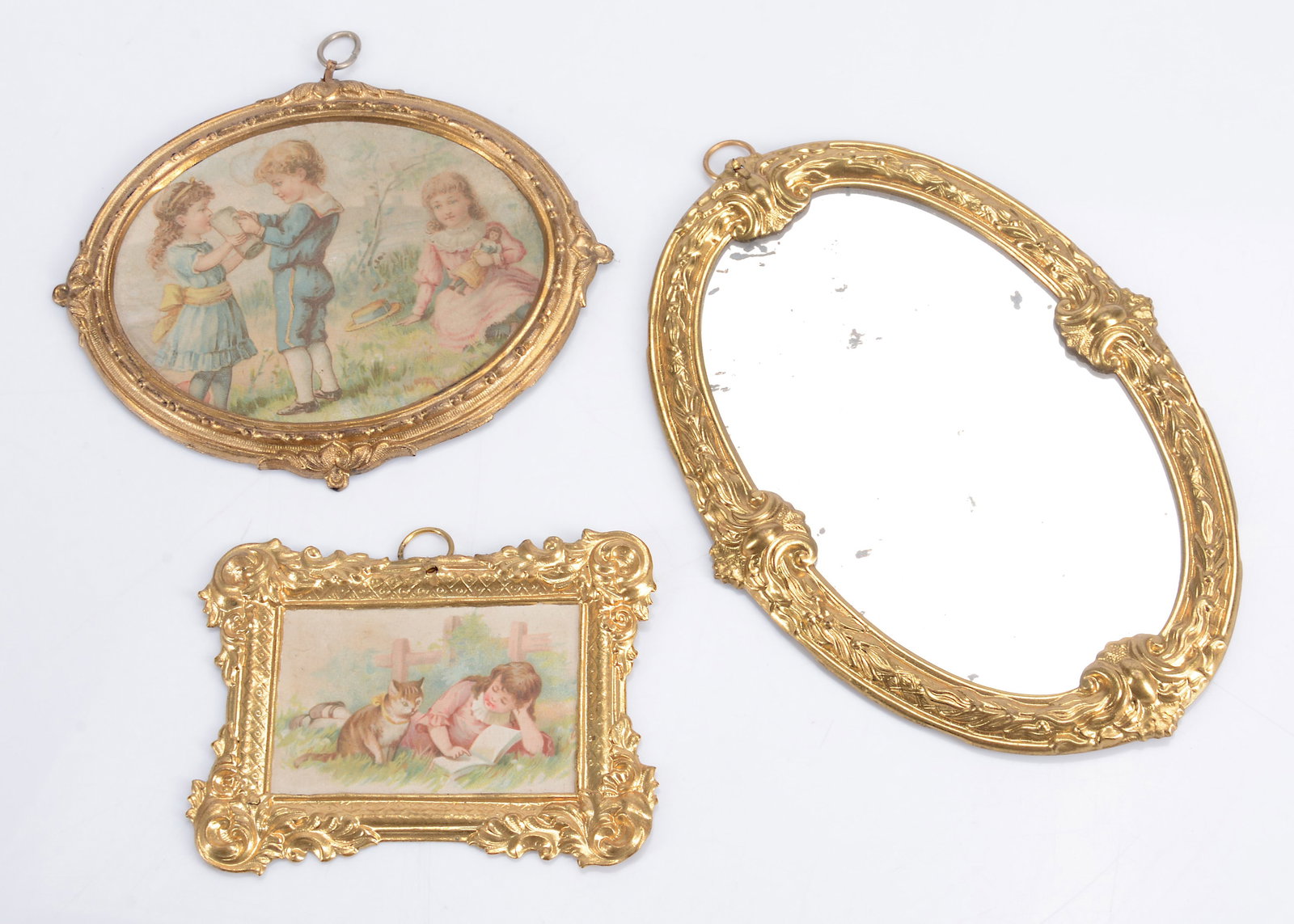 Two late 19th century gilt metal pictures and a mirror, (1 of 1)