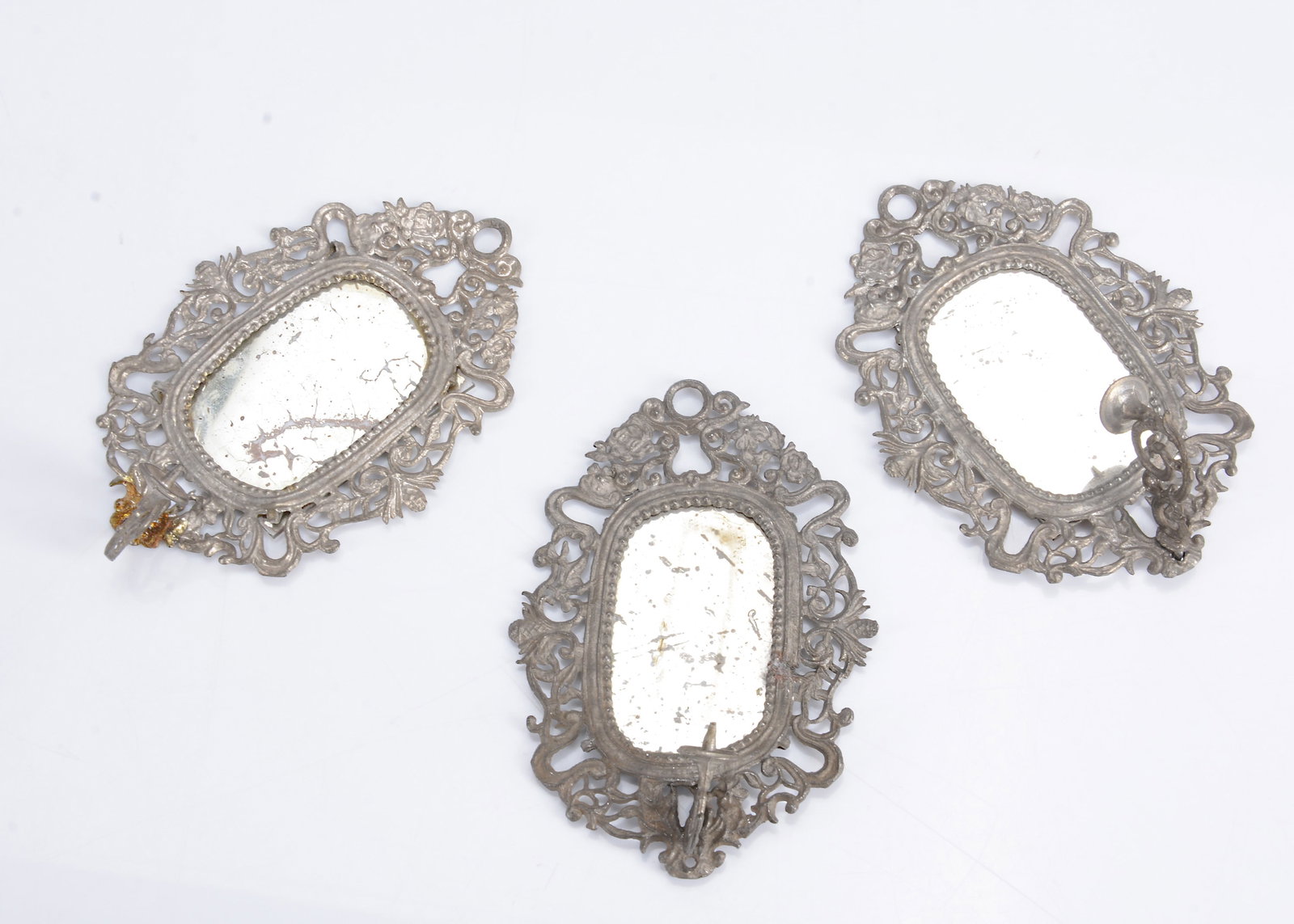 Three matching late 19th century German soft metal mirrors with candle sconce, (1 of 1)