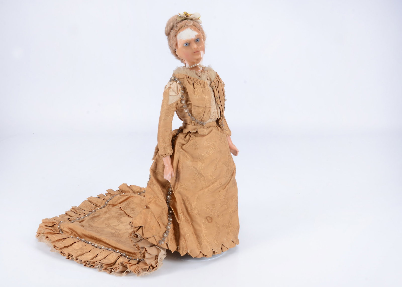 A late 19th century German wax over composition lady doll in fine court dress, (1 of 2)