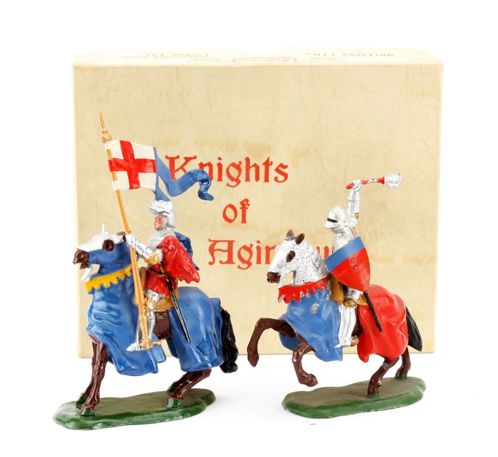 Britains Knights of Agincourt, boxed mounted figures: Britains Knights of Agincourt, boxed mounted figures 1659 with mace and 1662 with banner, standing knight with mace, boxed knights generally G, boxes F, standing knight P (3) 1662 seems to have been r