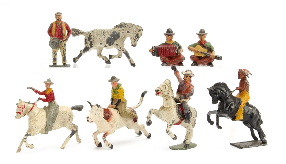 Lead cowboys and Indians, Britains, Timpo, Crescent,: Lead cowboys and Indians, Britains, Timpo, Crescent, Hilco, etc. F-G, 3 P, Britains ACW figure, G, Hilco camels and mechanics (4) G (35) 1 horse off base, 2 missing tails, 2 damaged staning cowboys,