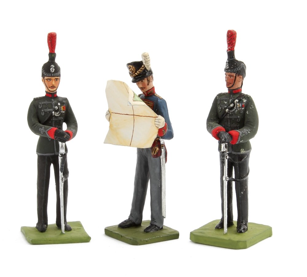 Greenwood & Ball British Army figures, 1815 Foot: Greenwood & Ball British Army figures, 1815 Foot Artillery, Rifles Corps (2) with 2 generic boxes with later labels, 2 figures VG, 1 F (3) 1 Rifle Corps figure slight oxidisation,