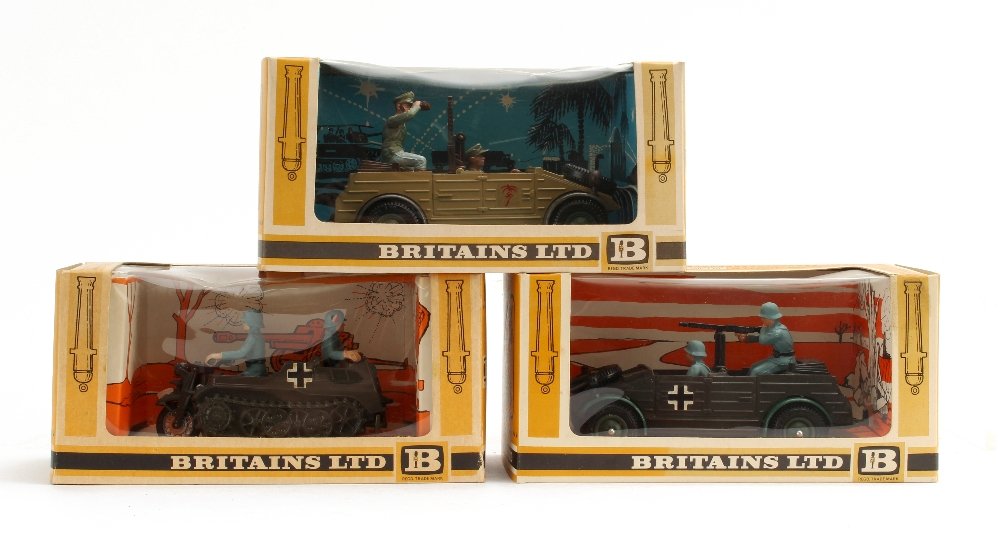 Britains Military Vehicles, 9785 Afrika Korps Scout: Britains Military Vehicles, 9785 Afrika Korps Scout Car, 9783 German Scout Car and 9780 Half Track Motorcycle, in original boxes, E-M, boxes VG (3)