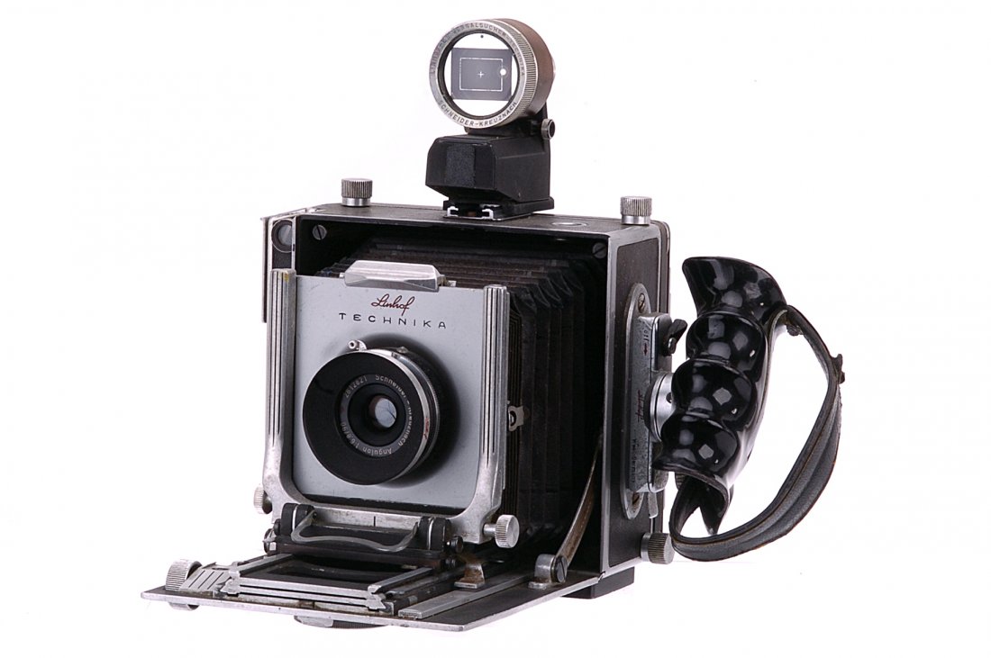 A Linhof Technika Camera,: serial no. 35263, with Linhof Schneider Angulon f/6.8 90mm lens, body, F, corrision to some parts, lens, G-VG, shutter working, light haze, with Linhof Schneider Super-Angulon f/8 90mm lens, body, VG,