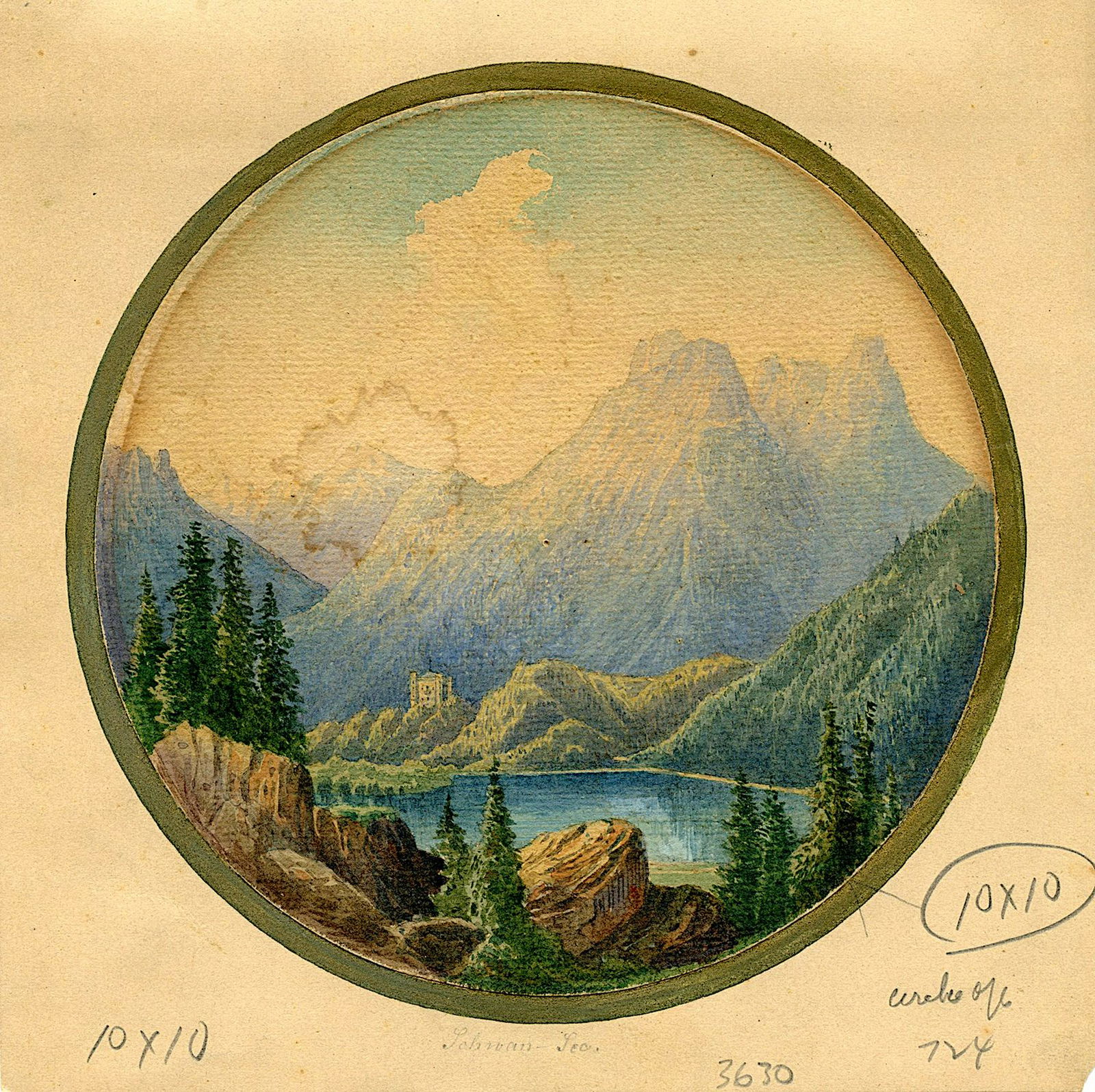 Antique British Watercolor with Mountain and Lake View: Beautiful detailed watercolor painting. The painting is 6" diameter. The original wooden frame is 11" x 11". Signature lower side.
