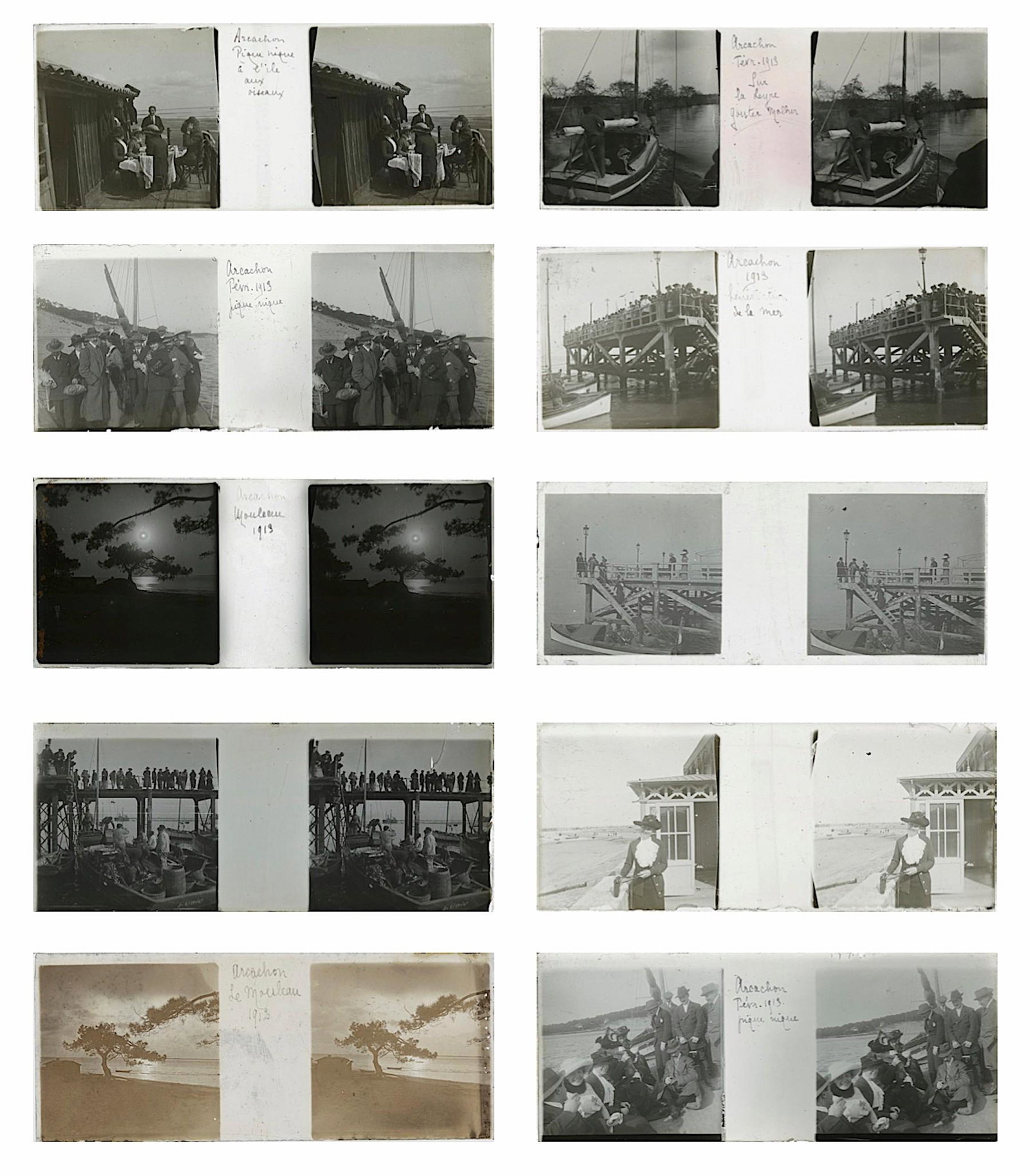 Antique Set of 10 Stereo Glass Positive Photos Belle: Beautiful antique set of selected glass stereo views (positives) showing activities during the Belle Epoque in Europe. Some lots include vehicles, tennis, swimmers, hunting, fisshing, etc Each stereo 