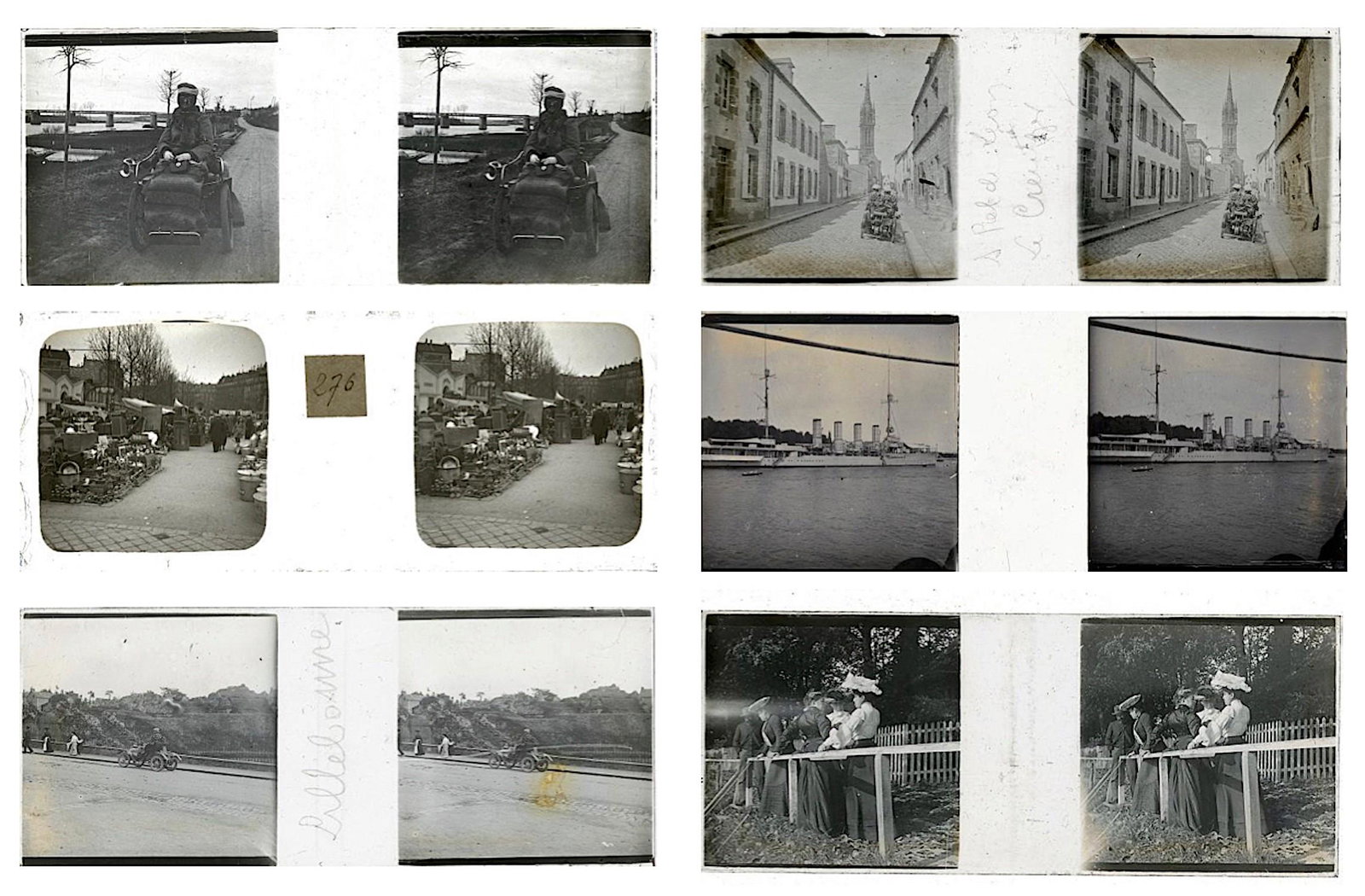 Antique Set of 6 Stereo Glass Positive Photos Belle: Beautiful antique photos including activities during the Belle Epoque in Europe. Each stereo glass measures Approx. 1.75" x 4.25".