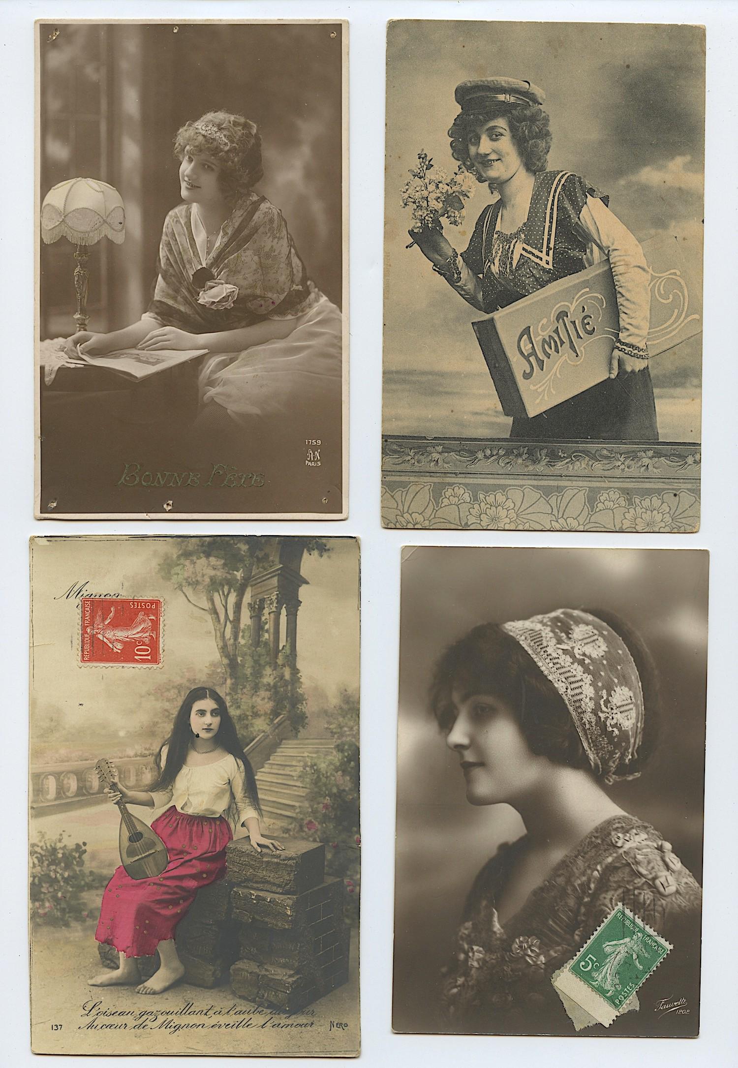 Vintage Antique French Set of 4 Postcards Women: Dimensions are Approx. 3.75" x 5,5" (each).