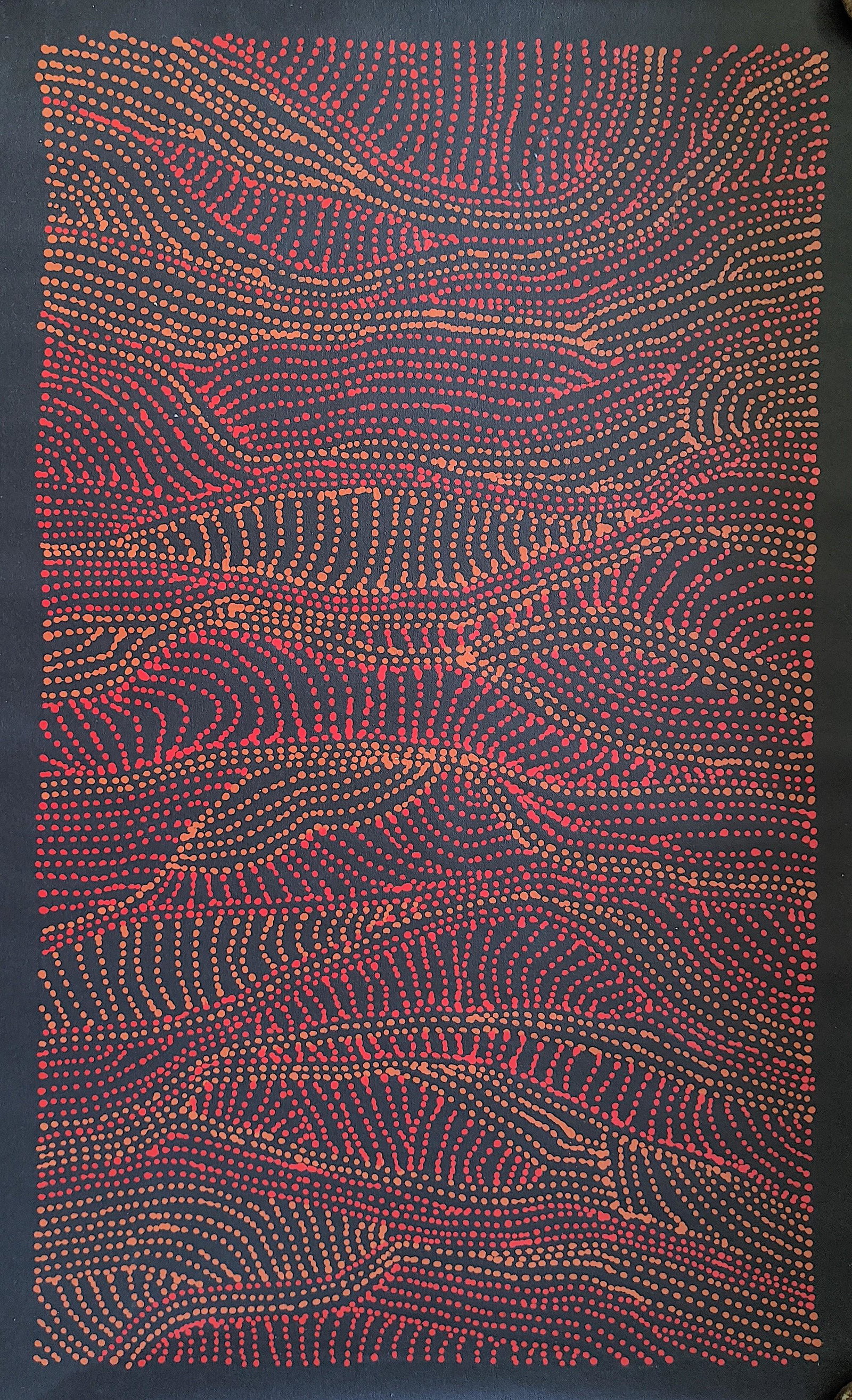 KAAPA MBITJANA Australian Aboriginal Art: Large Australian Aboriginal painting in very good condition. Dimensions 62" x 35". This lot is located in Boca Raton, Fl and its shipment will be made directly by Artelisted. Shipping insurance is the