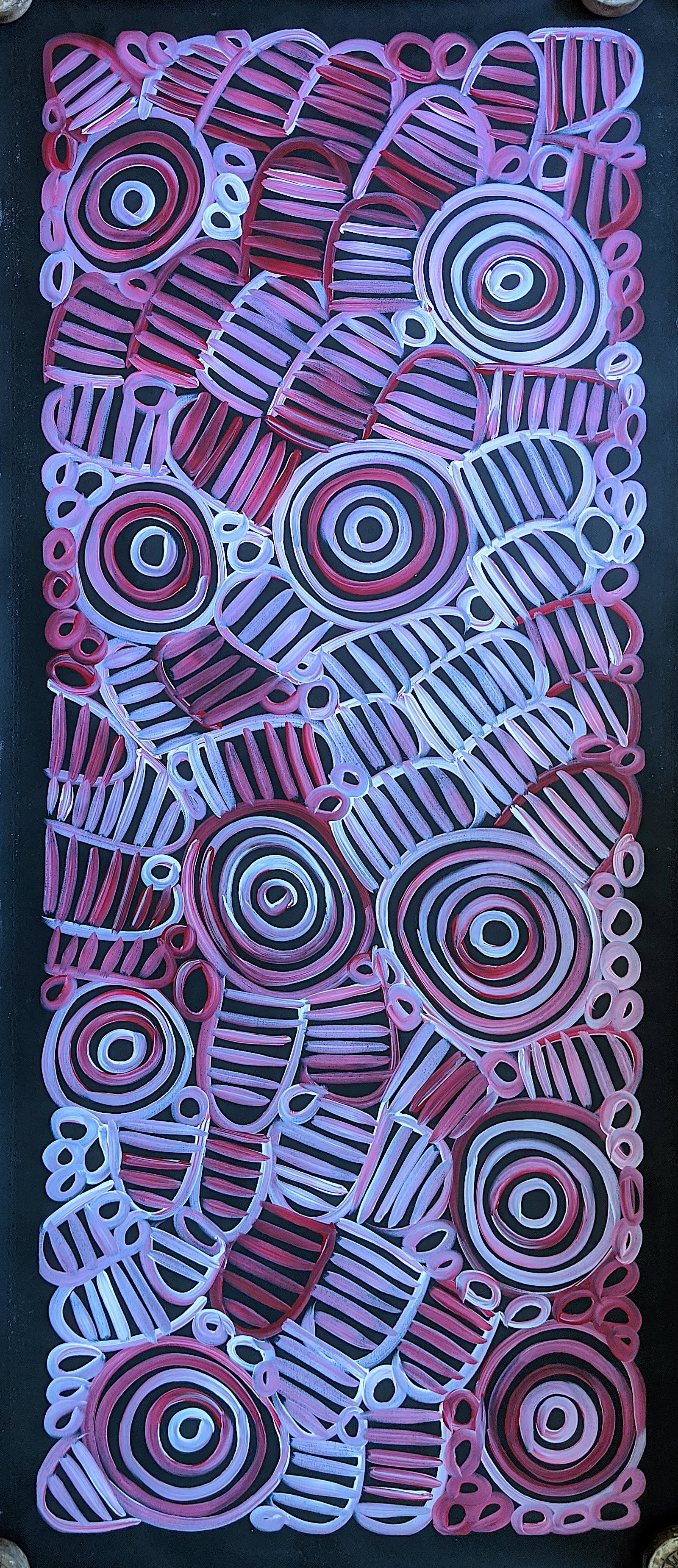 LOUISE NUMINA Australian Aboriginal Art: Large Australian Aboriginal painting in very good condition. The dimensions are Approx. 59.5" x 26". This lot is located in Boca Raton, Fl and its shipment will be made directly by Artelisted. Shippin