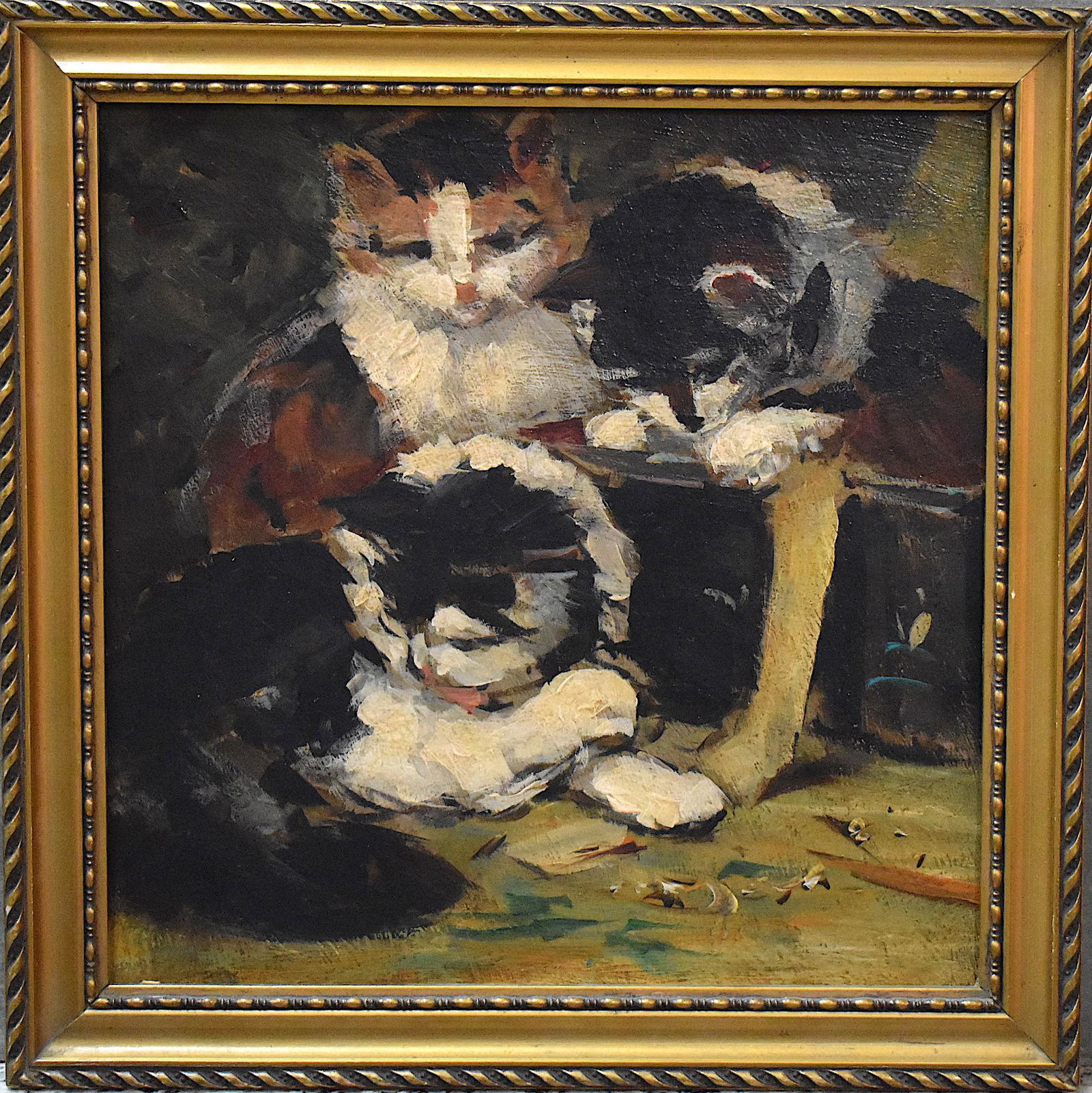Vintage /Antique Oil With Three Kittens 8.5" x 8.5" (1 of 2)