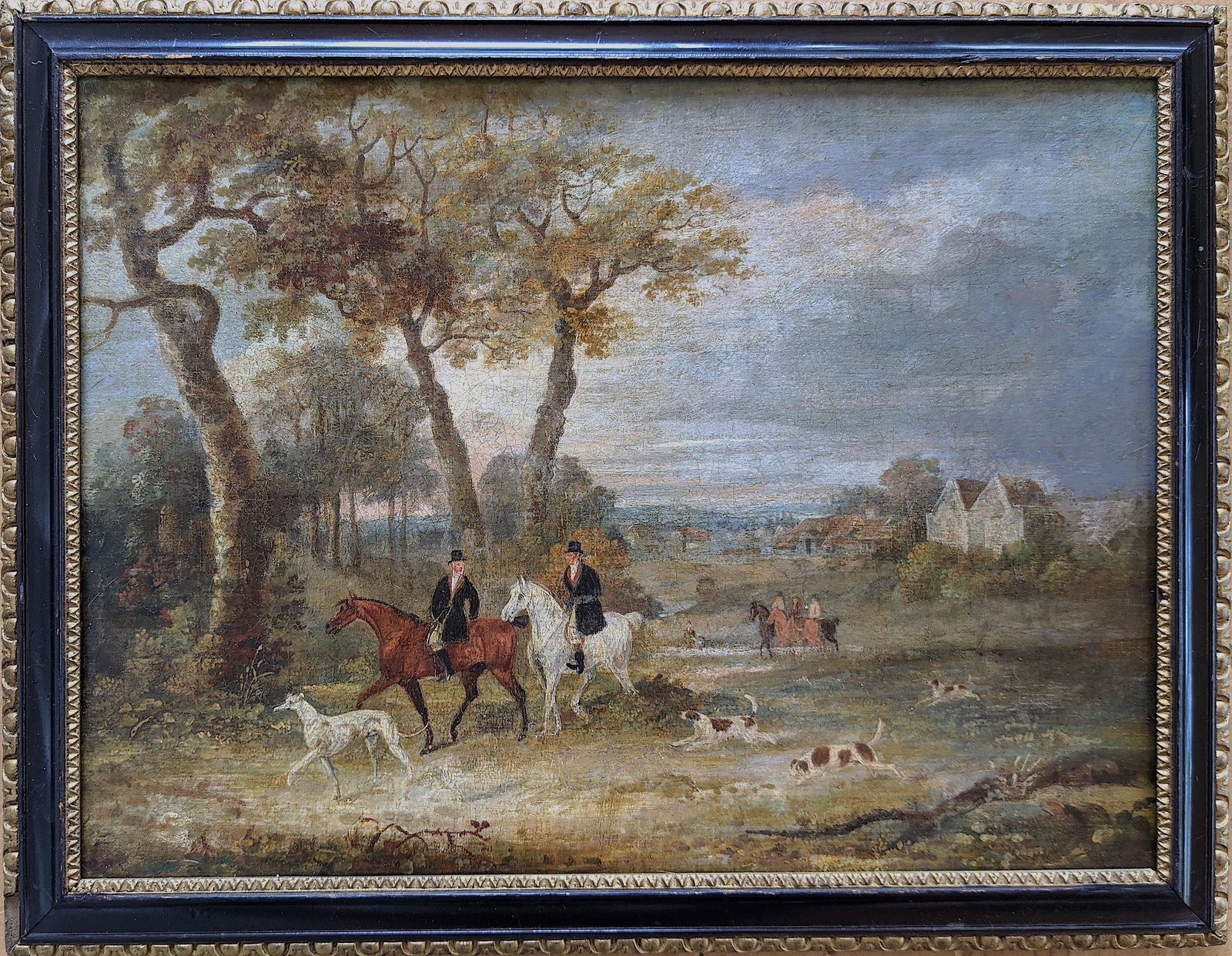 SAMUEL HENRY Antique English Oil Hunting Scene, 19th C.: Oil on canvas. The dimensions are Approx. 14.5"x 19.5" (painting), the wood frame is Approx. 1.5" wide. This lot is located in West Palm Beach, FL. The handling and shipment will be by the buyer. Arte