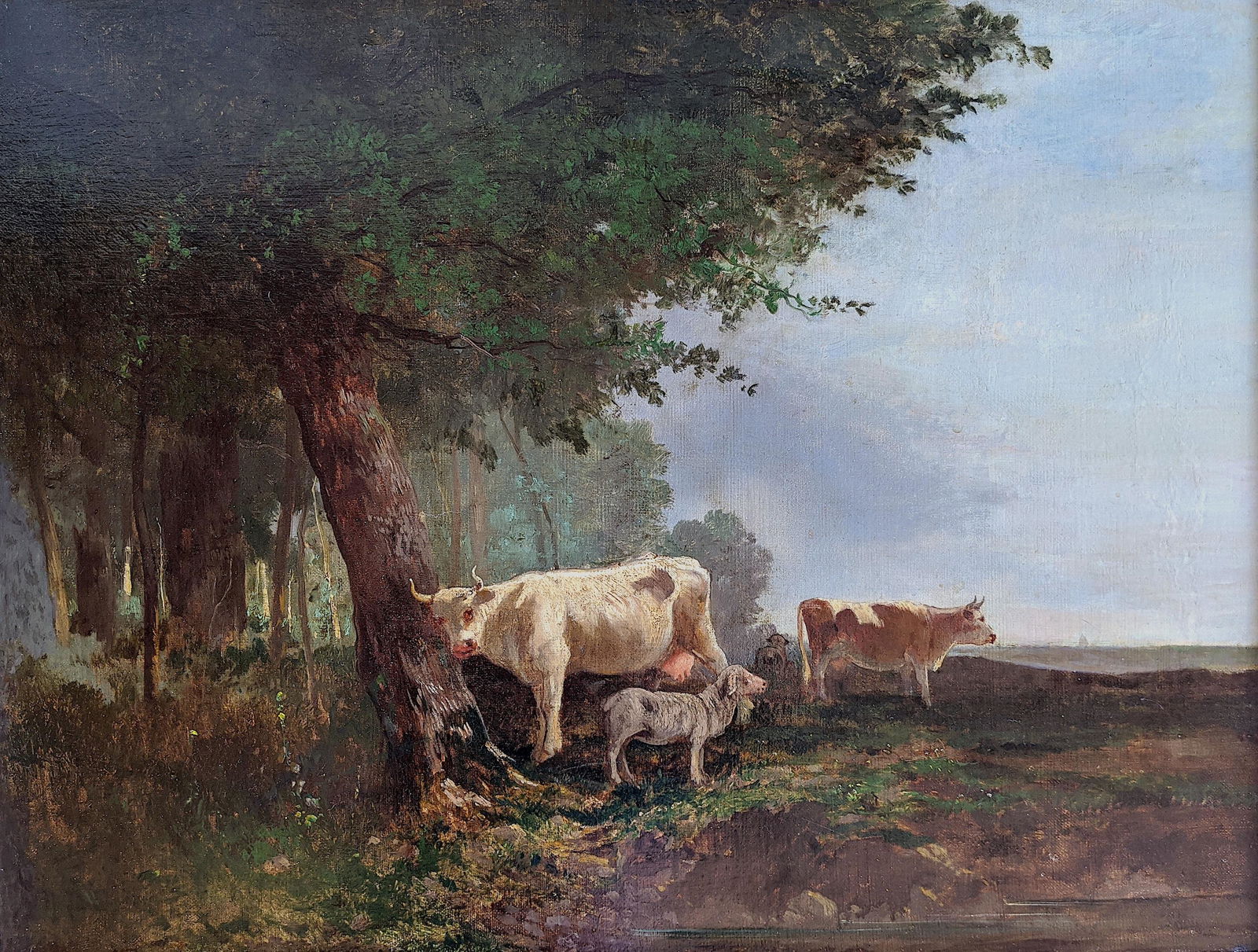 Antique English Oil with Pasture Cows, 19th C.: Oil on canvas relined. The dimensions are Approx. 19.5"x 26" (painting), the wood frame is Approx. 5" wide. This lot is located in West Palm Beach, FL. The handling and shipment will be by the buyer.