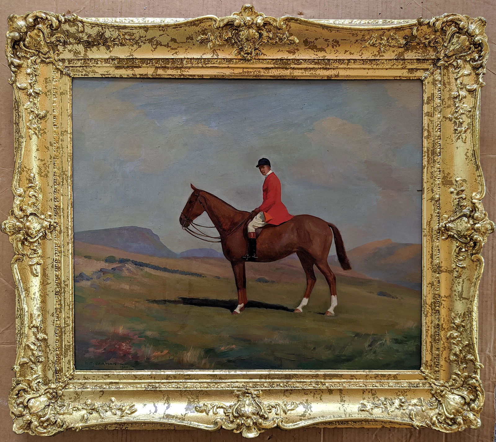 JARMAN HENRY THOMAS Antique Oil with Jockey Horse, 1921: Oil on canvas. The dimensions are Approx. 20"x 24" (painting), the fine guilded frame is Approx. 4" wide. This lot is located in West Palm Beach, FL. The handling and shipment will be by the buyer. Ar