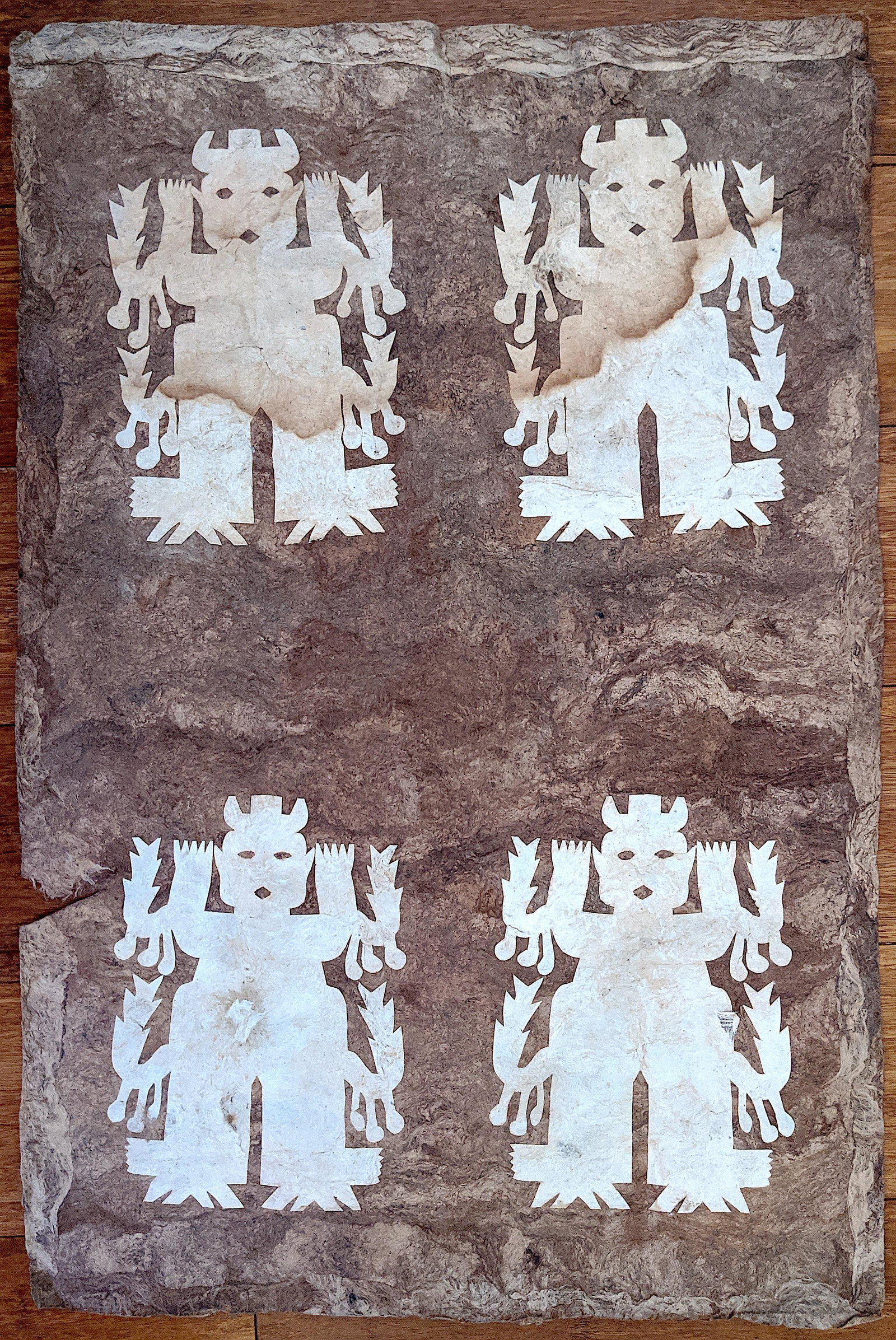 Vintage Mexican Precolombian Design on Bark Paper: Papel Amate, or painted bark paper, is an art form with clear pre-Hispanic origins. The handmade paper was originally considered a specialty of the village shaman and used only for special rituals. De