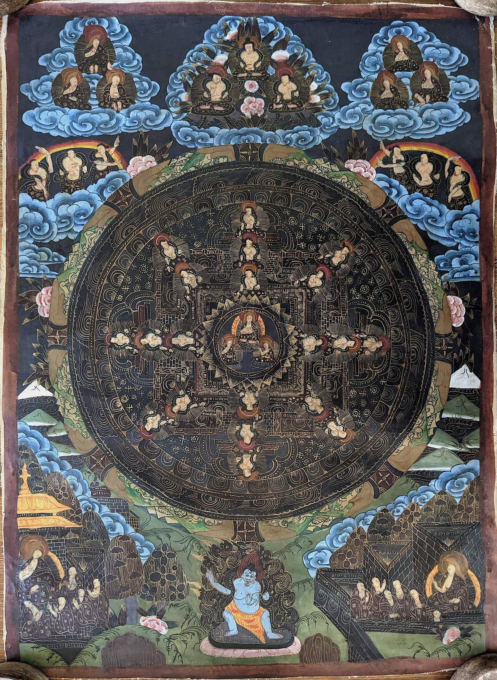 Authentic Vintage Tibetan Buddhist Painting Nicely Done: The provenance of this item is from a WWII veteran collector in Georgia The dimensions are approximately 19.25 inch x 14.25 inch (small variance can occur). This lot is located in Boca Raton, Fl. The 