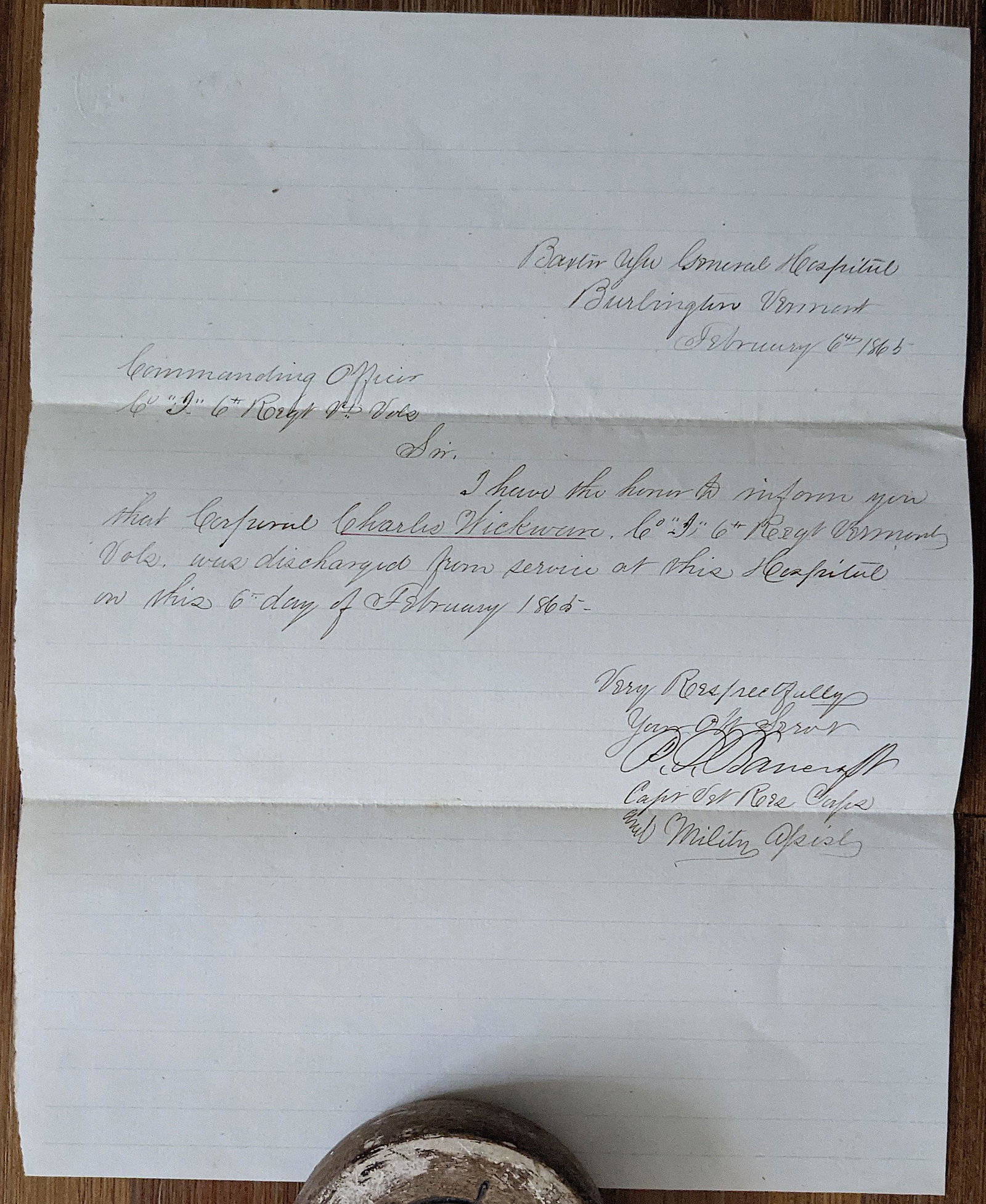 Letter General Hospital Burlington, 1865 Civil War: This lot is located in Boca Raton, Fl. The shipping by Artelisted will be via USPS - First Class or Priority (tracking # will be provided via Stamps.com). If you wish to use the "media" mail (books on