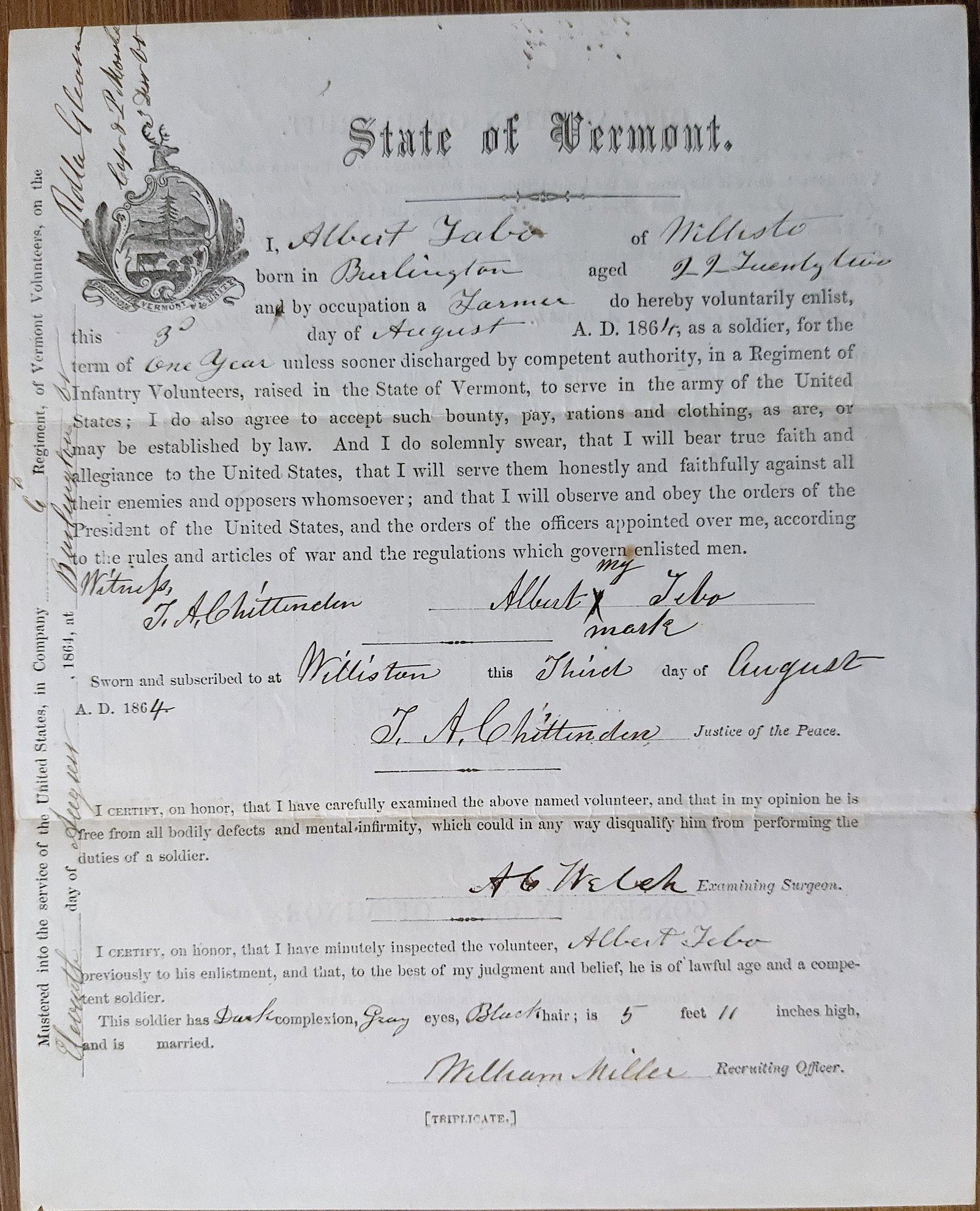 State of Vermont, Certificate of Voluntary Enlist, 1864: This lot is located in Boca Raton, Fl. The shipping by Artelisted will be via USPS - First Class or Priority (tracking # will be provided via Stamps.com). If you wish to use the "media" mail (books on