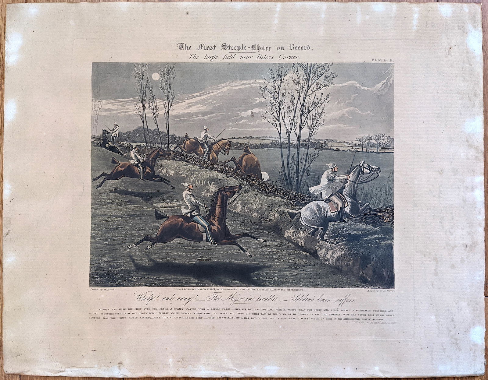 HENRY ALKEN Original The First Steeple-Chace on Record: About this artwork: Antique early 19th C. (no a modern reproduction) aquatint with original hand coloring and engraved by J. Harris. The dimensions are Approx. 17.75" x 22.75 (small variances can occu