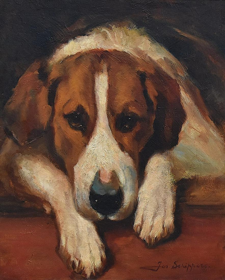 Jose Schippers (1868-1950) Oil Art Dog Portratit: Provenance: From a estate in Belgium. Oil painting on cardboard. The dimensions are Approx. 25cm x 30cm. This artwork is signed on the front. This sale is for the artwork and the frame is free as a co