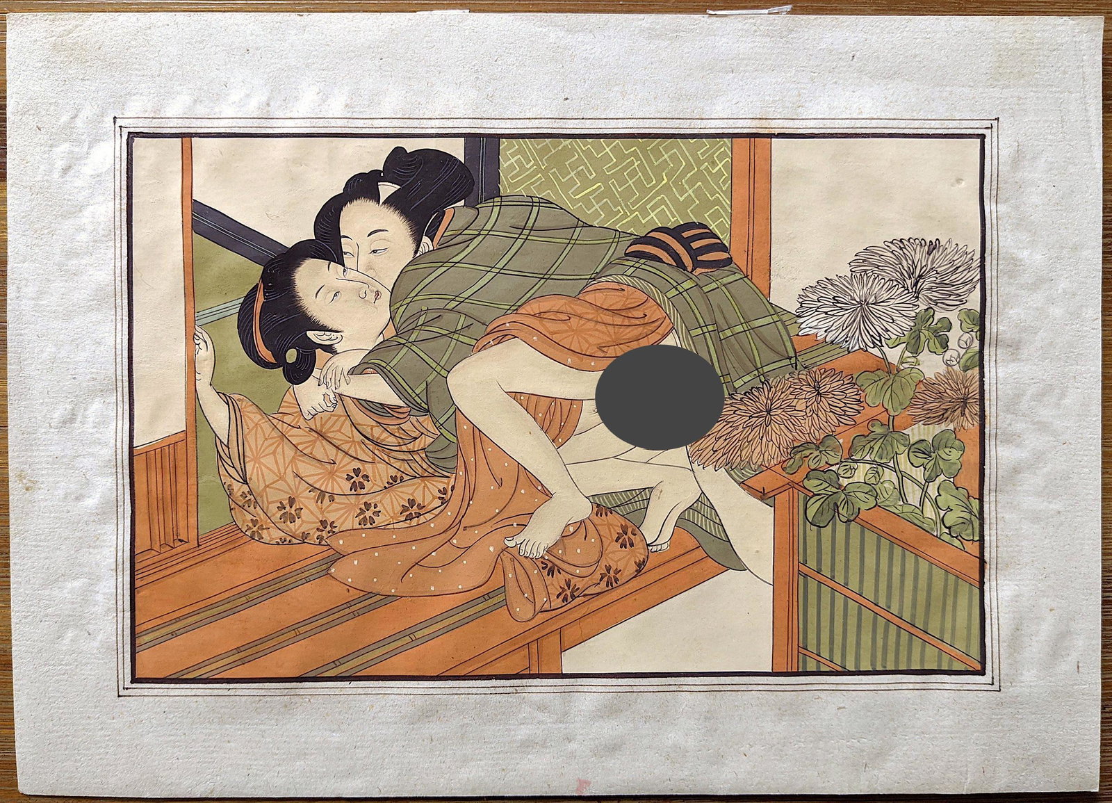 Vintage Hand Painted Japanese Shunga: The image dimensions are Approx. 6" x 8.25" and the paper dimensions are Approx. 6.75" x 10". Unknown artist but the style corresponds to Utagawa School. ABOUT SHIPPING: This lot is located in Boca Ra