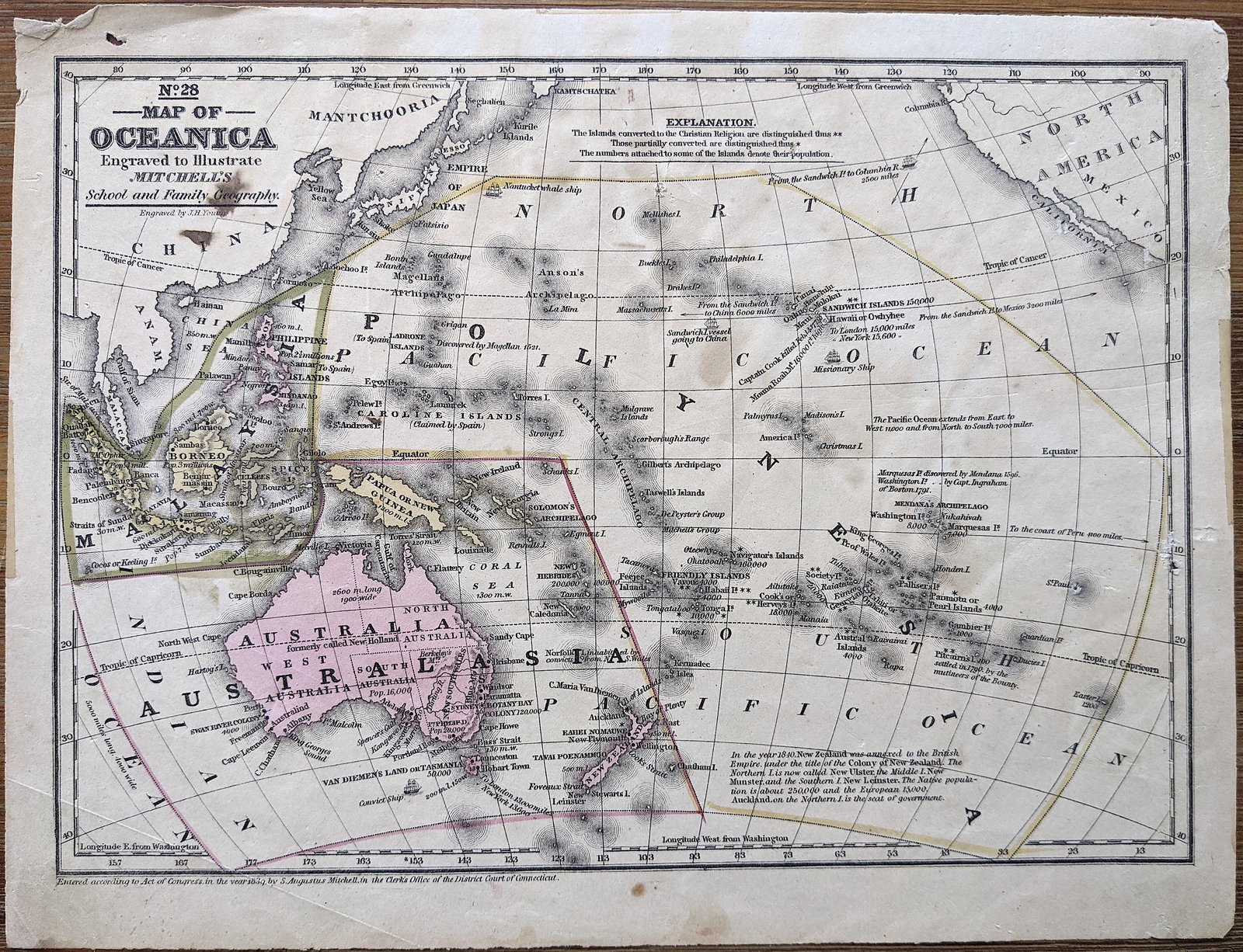 Antique Map of OCEANICA by Augustus Mitchell, 1839 (1 of 4)