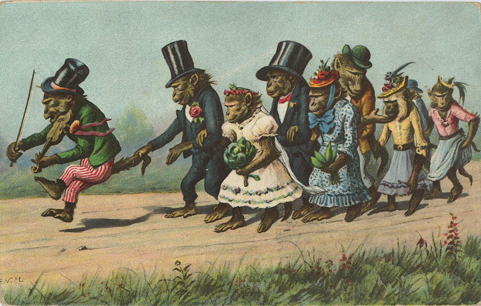 Antique Vintage Rare Postcard Illustration Monkeys (1 of 2)