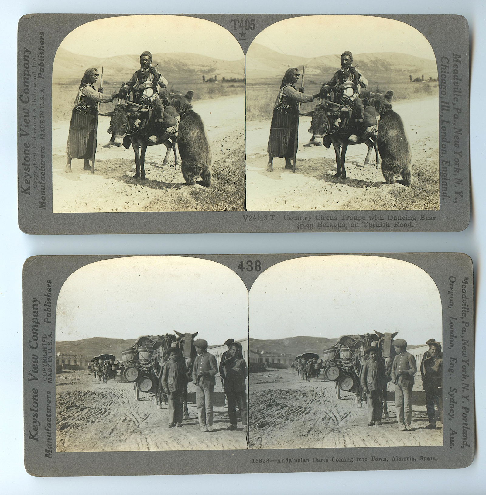 Set 2 Antique Real Photo Stereoviews Circus, Carts: This collection of stereoviews are originals from the epoch . They come mainly from collectors in the U.S.A. and constitute wonderful testimonies of past time that tend to be unique. Their scarcity, c