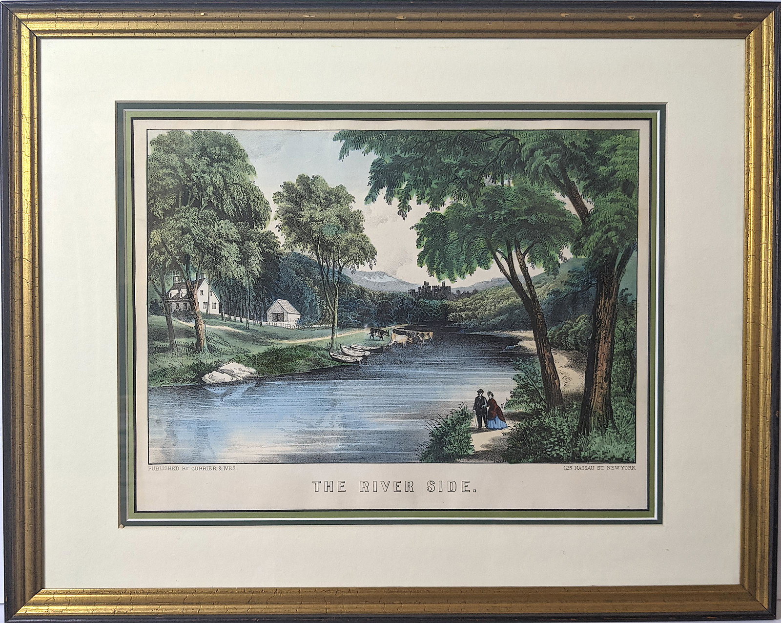 Antique Hand Colored Print CURRIER & IVES The River (1 of 3)