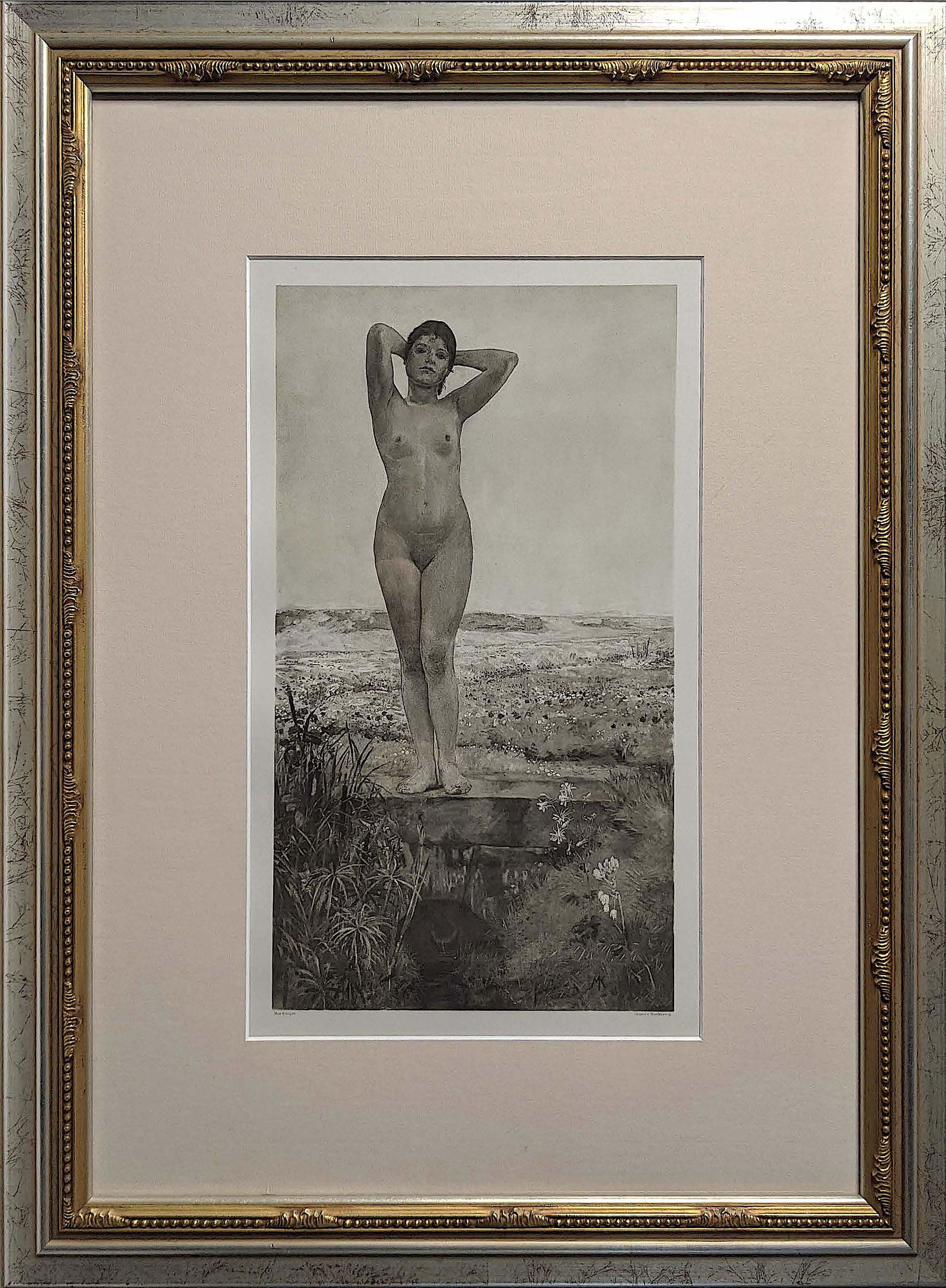 MAX KLINGER Vintage Nude Gravure Hanfstaengl: The provenance of this item is from a collector in Palm Beach, Fl. This gravure is framed. The dimensions are Approx. 6" x 14" and 17.5" x 25.5" (frame). This lot is located in Boca Raton, Fl. The shi