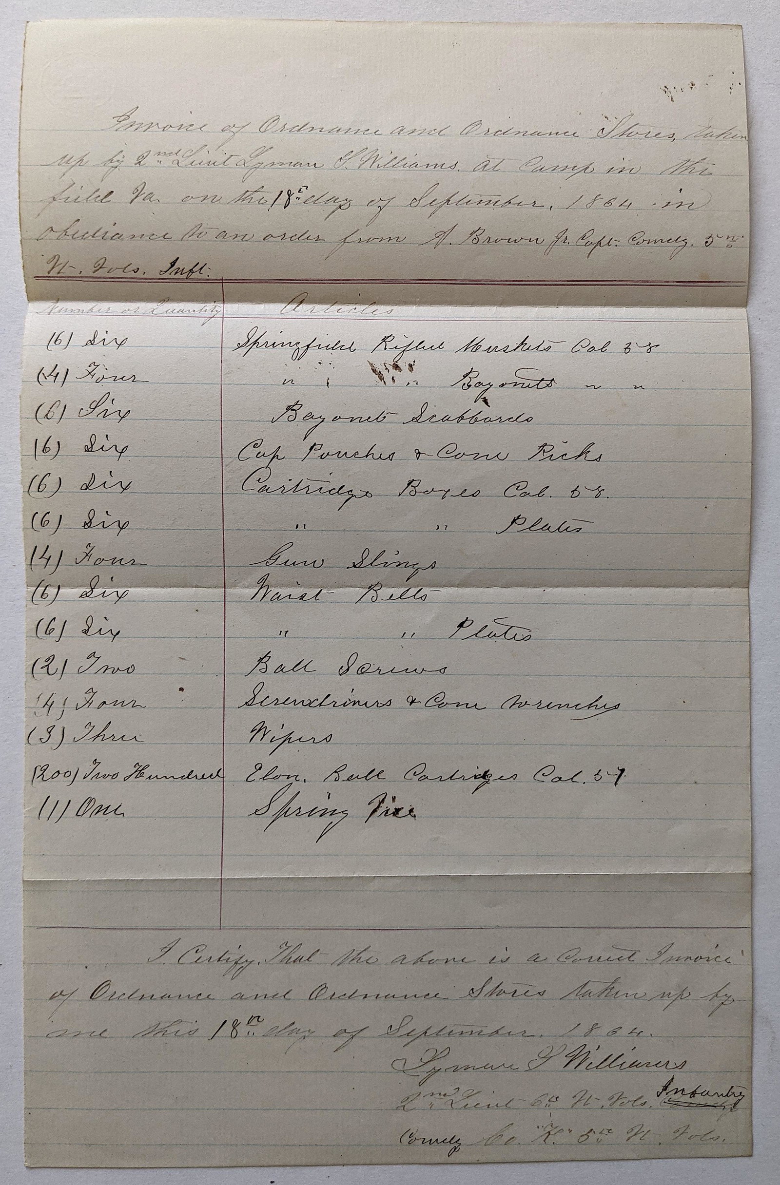 Antique Invoice of Ordinance American Civil War, 1864: The provenance of this item is from a collector in Central Florida, Fl. This lot is located in Boca Raton, Fl. The shipping by Artelisted will be via USPS - First Class, Priority or Media Mail (tracki